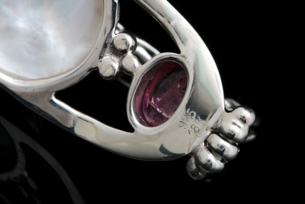 Sterling Silver, 18K Yellow Gold, Mabé Pearl and Pink Tourmaline Bracelet.