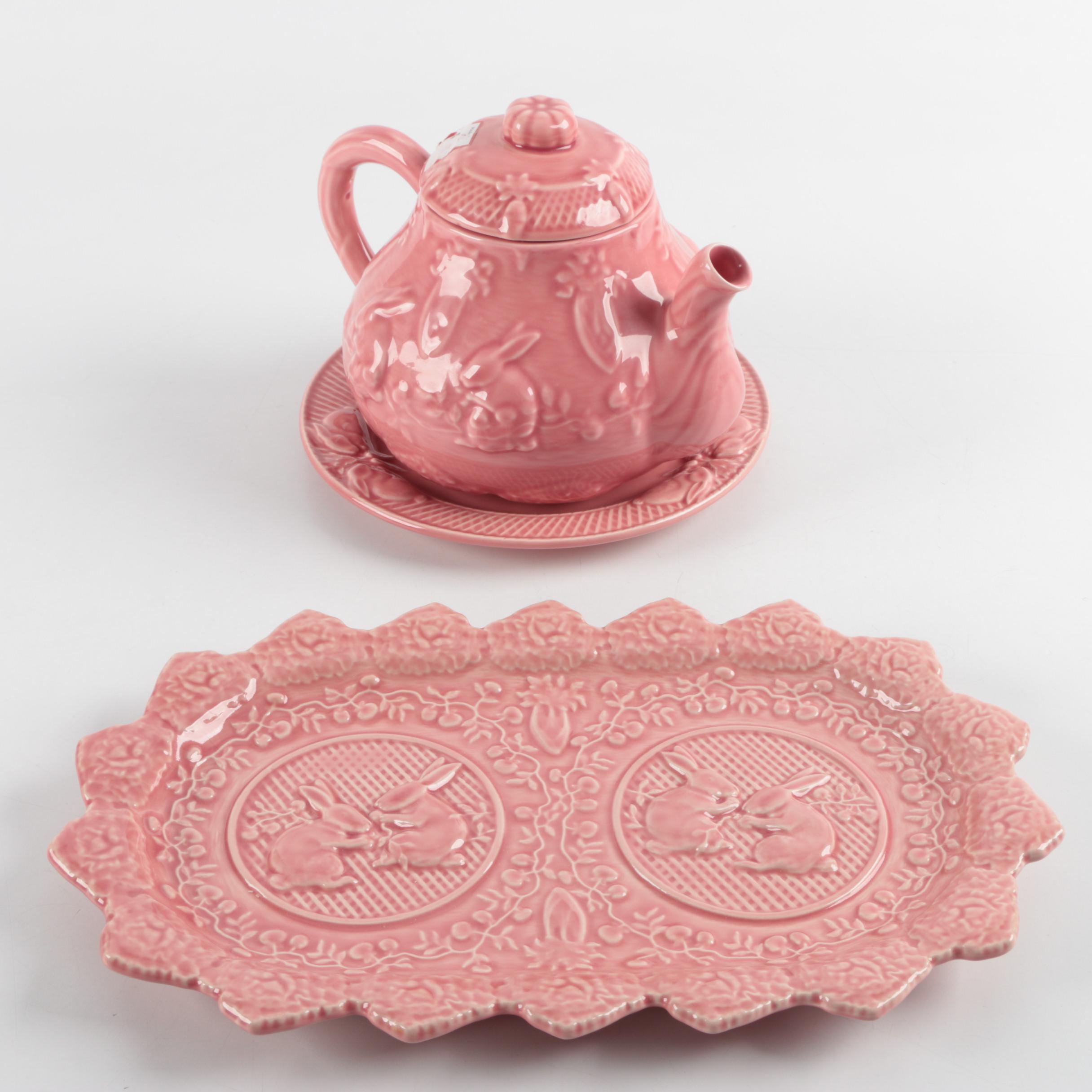 Bordallo Pinneiro "Rabbit Pink" Teapot, Dinner Plate and Sandwich Tray