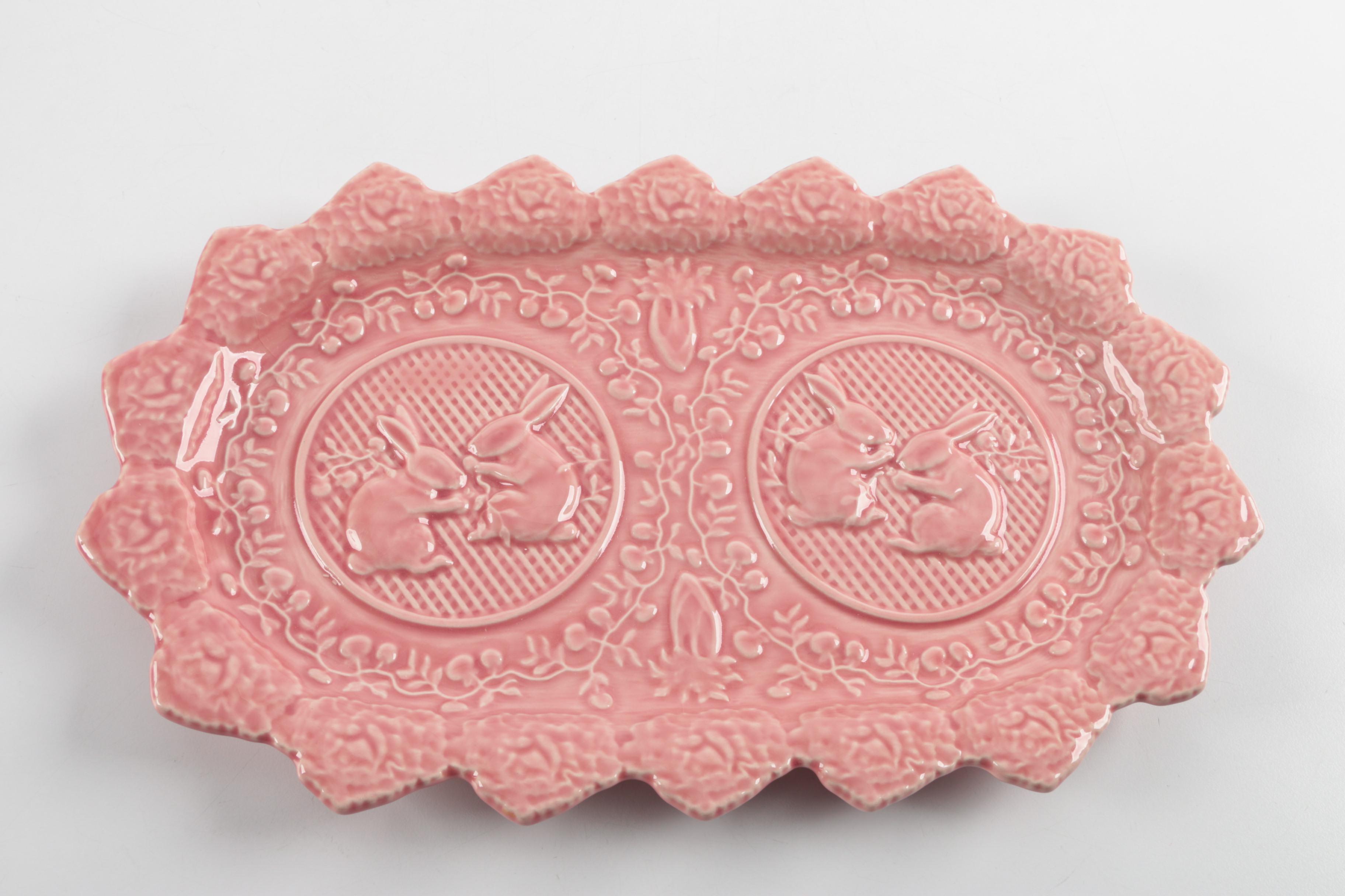 Bordallo Pinneiro "Rabbit Pink" Teapot, Dinner Plate and Sandwich Tray