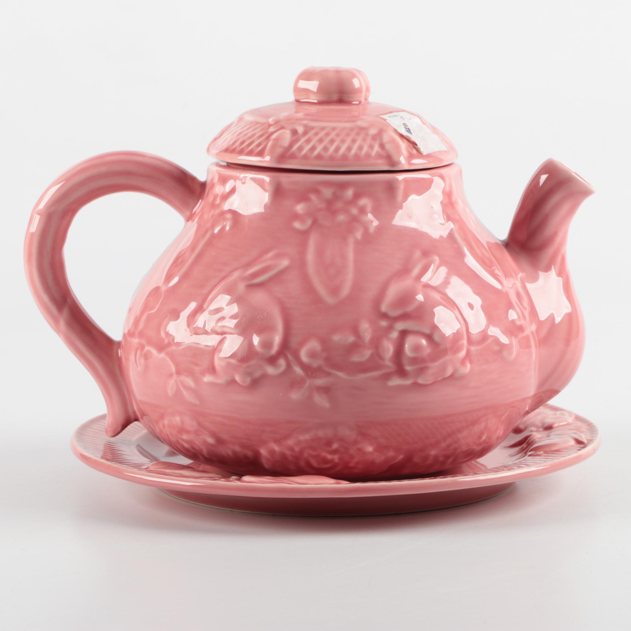 Bordallo Pinneiro "Rabbit Pink" Teapot, Dinner Plate and Sandwich Tray