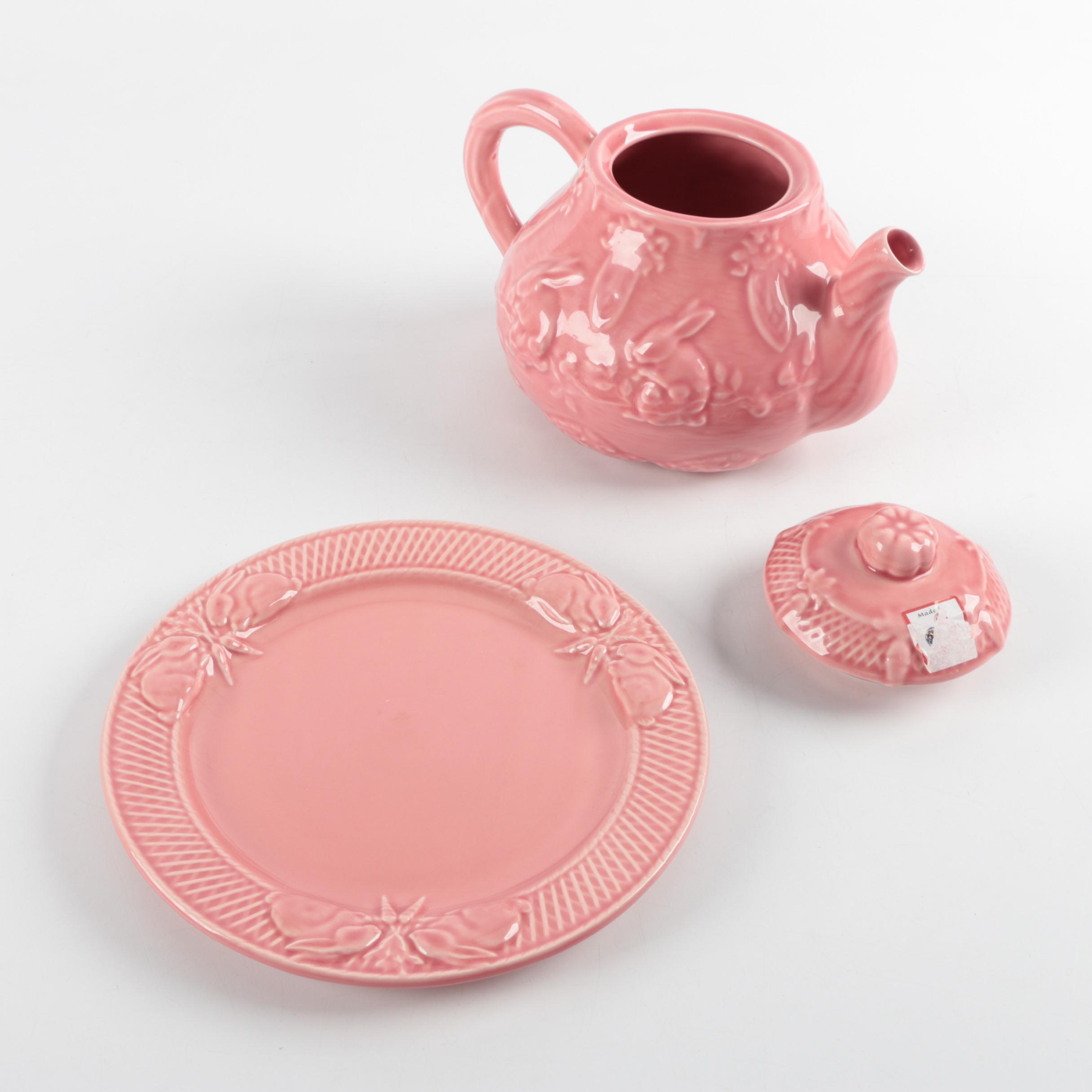 Bordallo Pinneiro "Rabbit Pink" Teapot, Dinner Plate and Sandwich Tray
