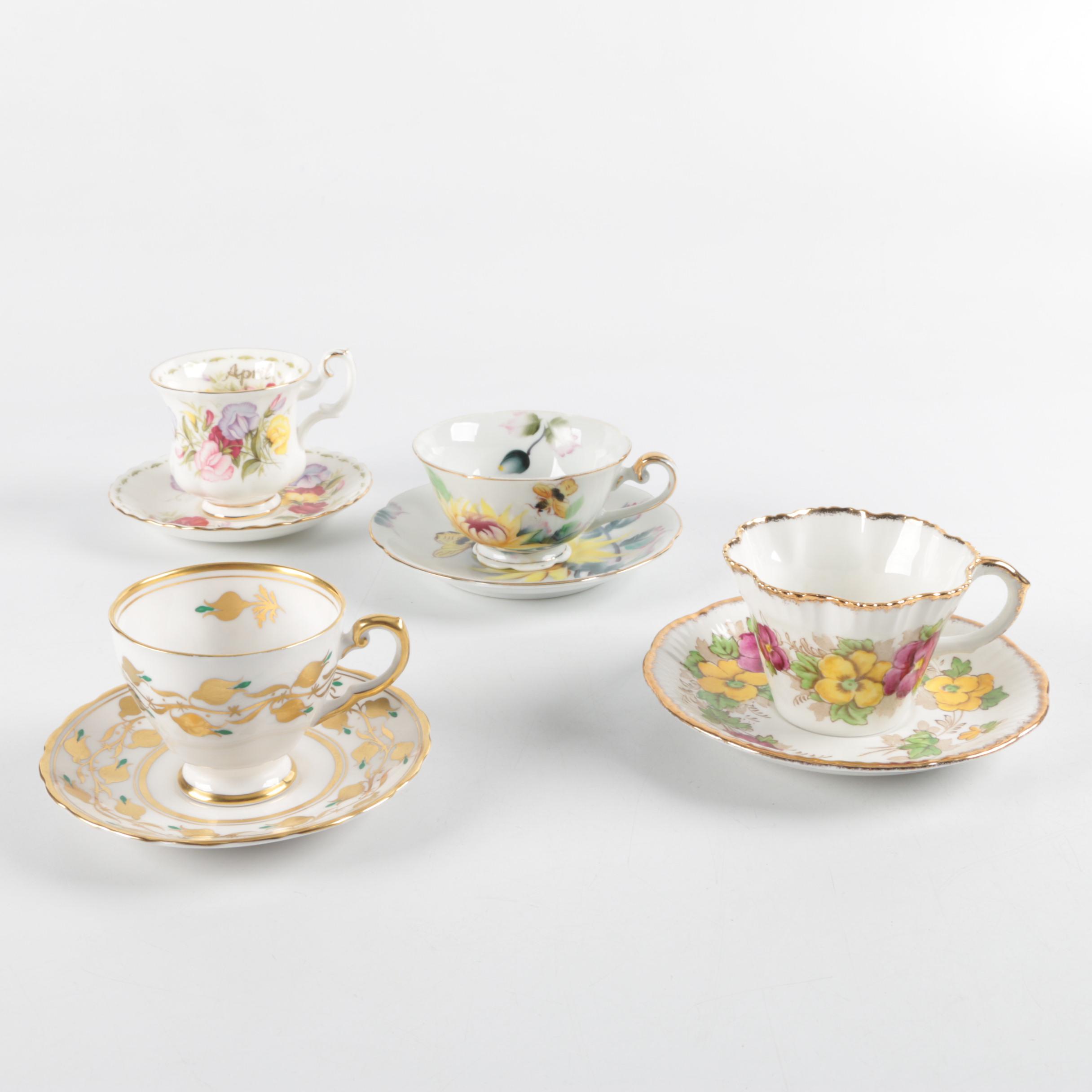 Bone China Tea Cups and Saucers including Royal Chelsea