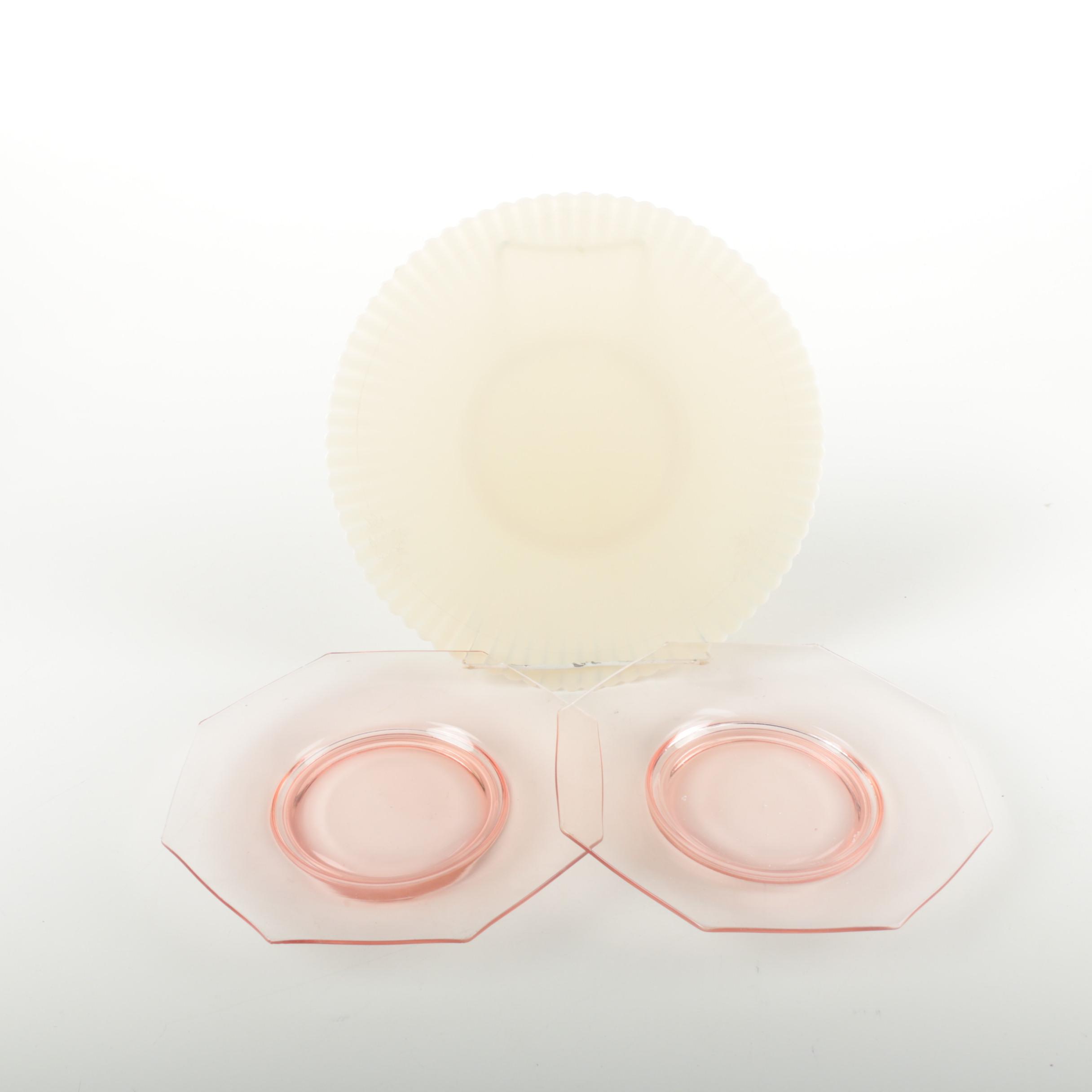 Milk Glass Platter and Pink Depression Glass Plates