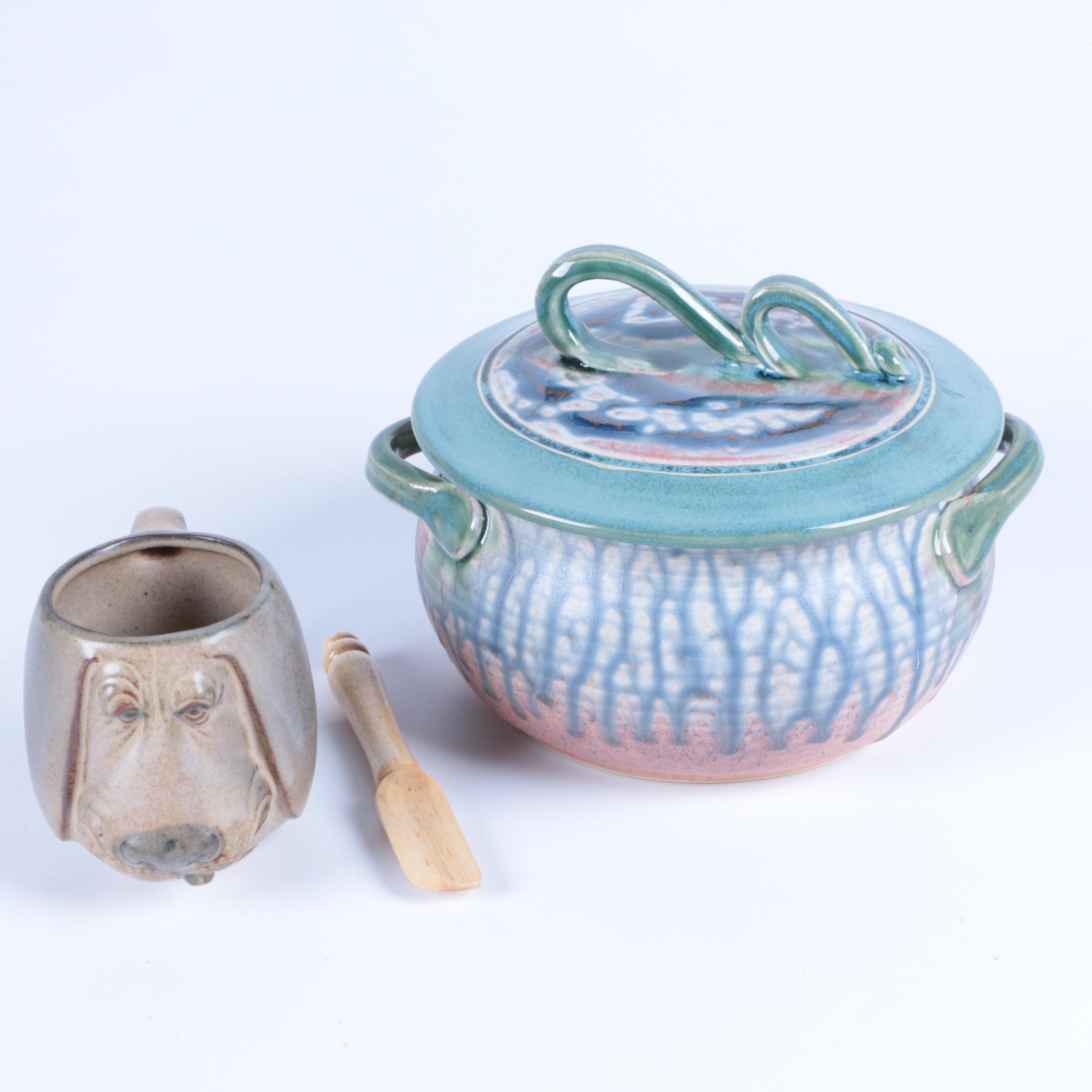 Art Pottery Lidded Bowl and Figural Dog Mug