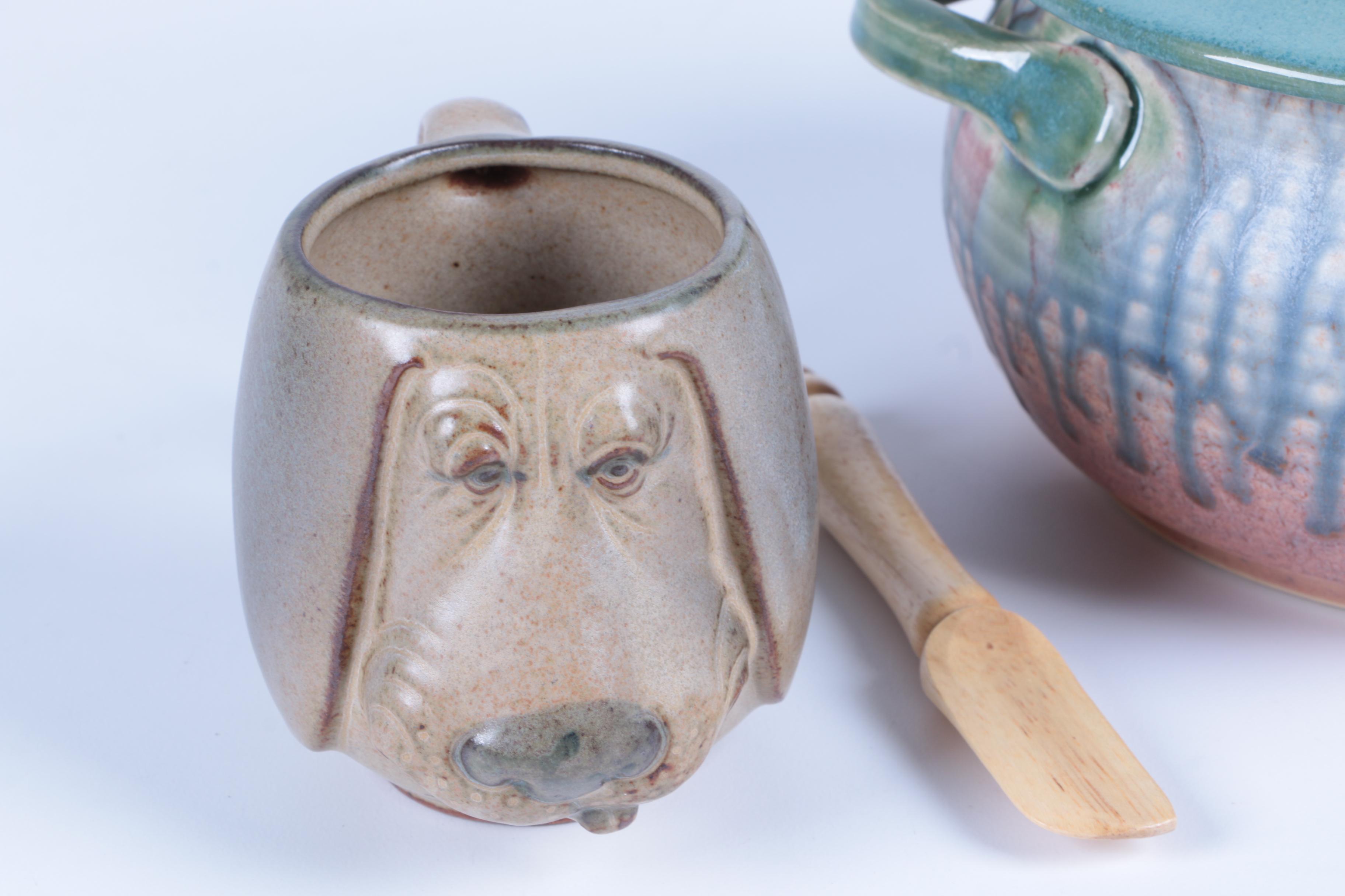 Art Pottery Lidded Bowl and Figural Dog Mug