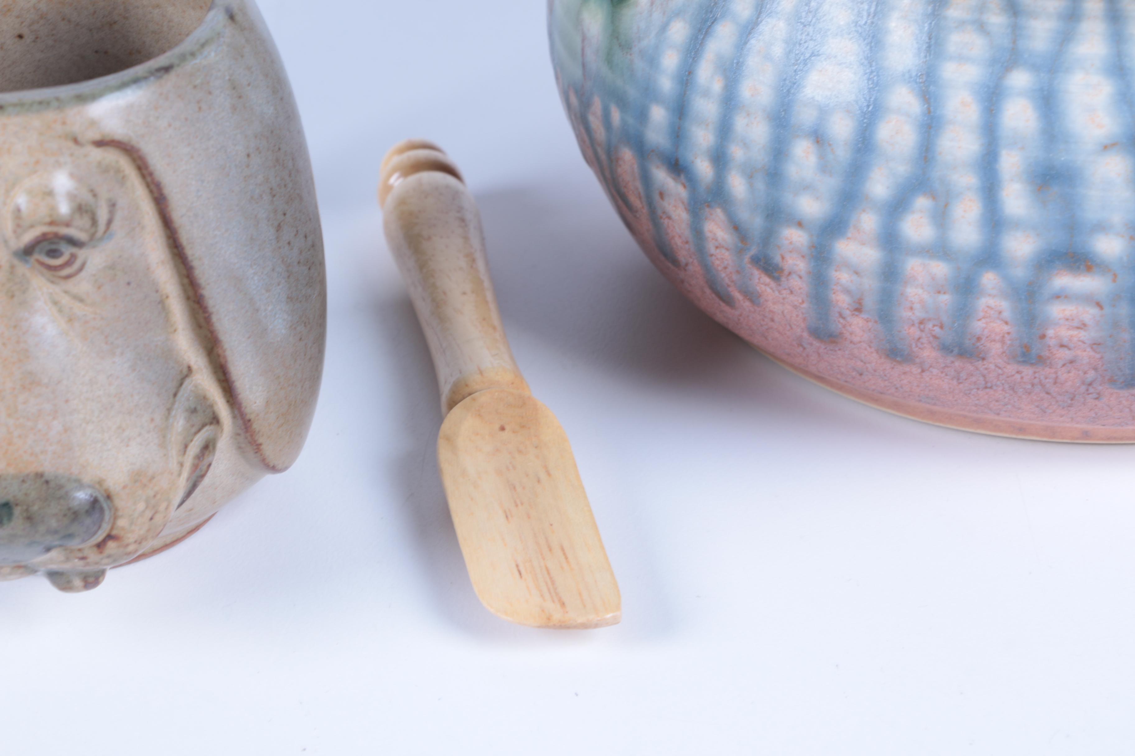 Art Pottery Lidded Bowl and Figural Dog Mug
