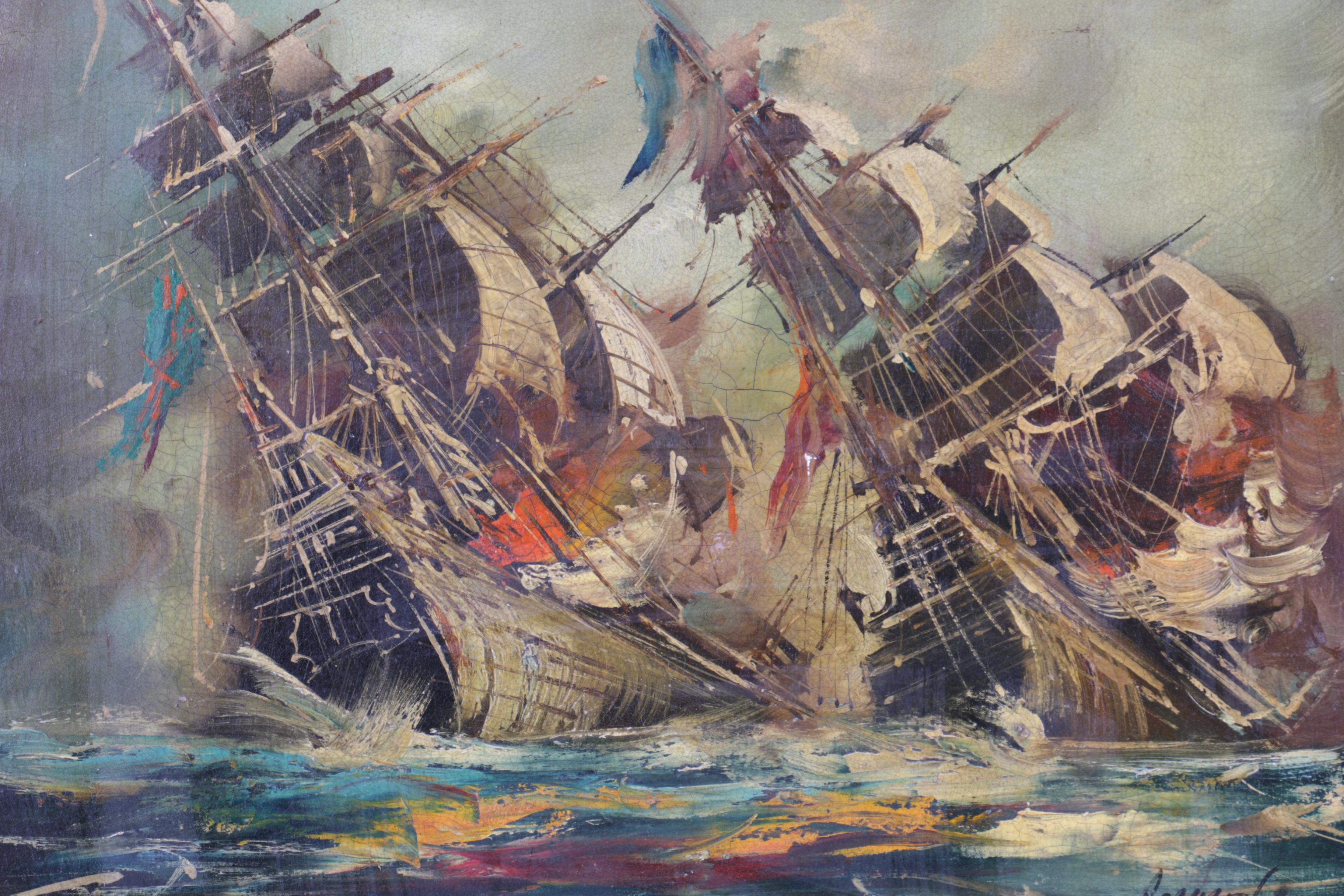 Acquanl Oil Painting of Battling Ships