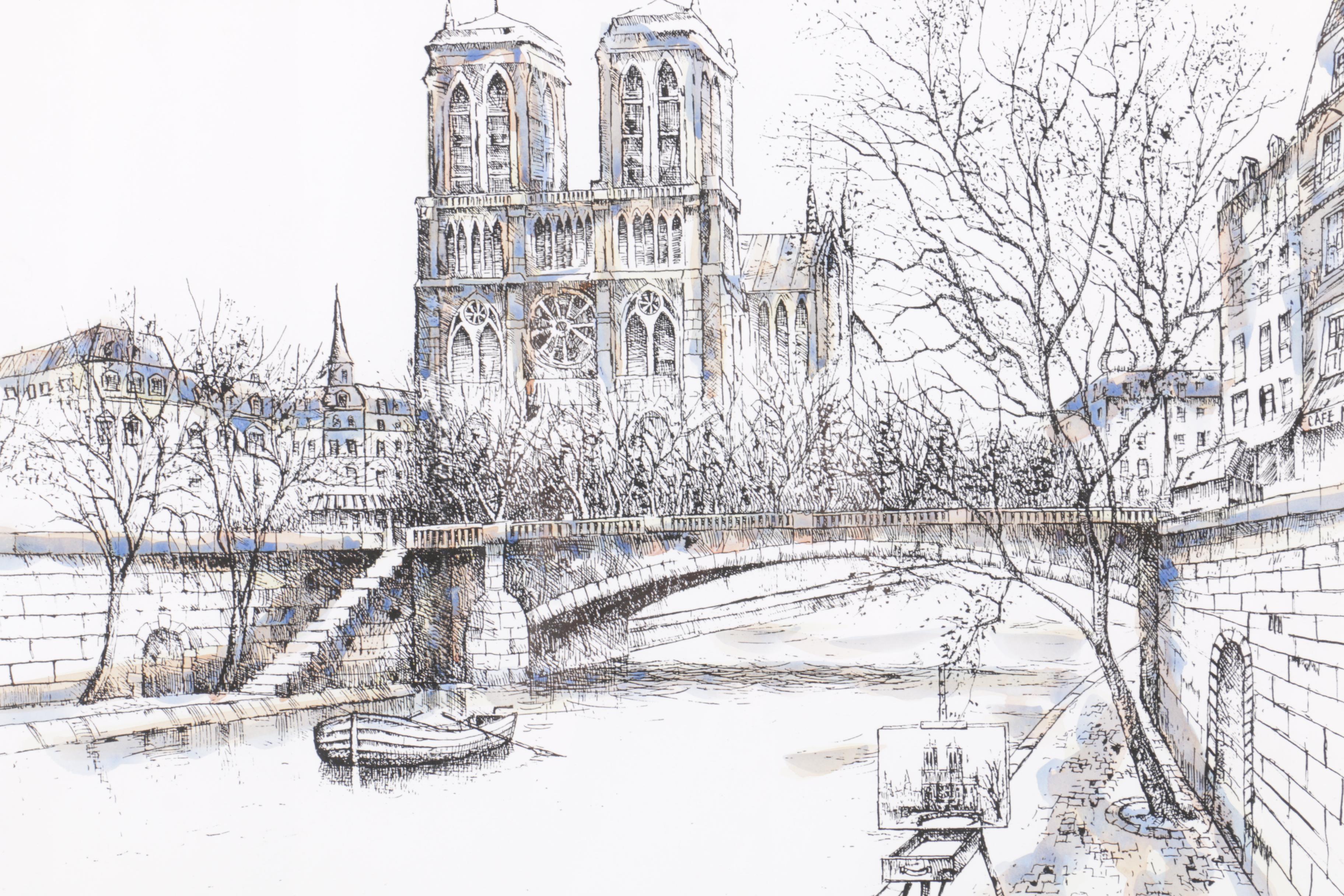 Mert Hand-Colored Reproduction Print of Parisian Scene