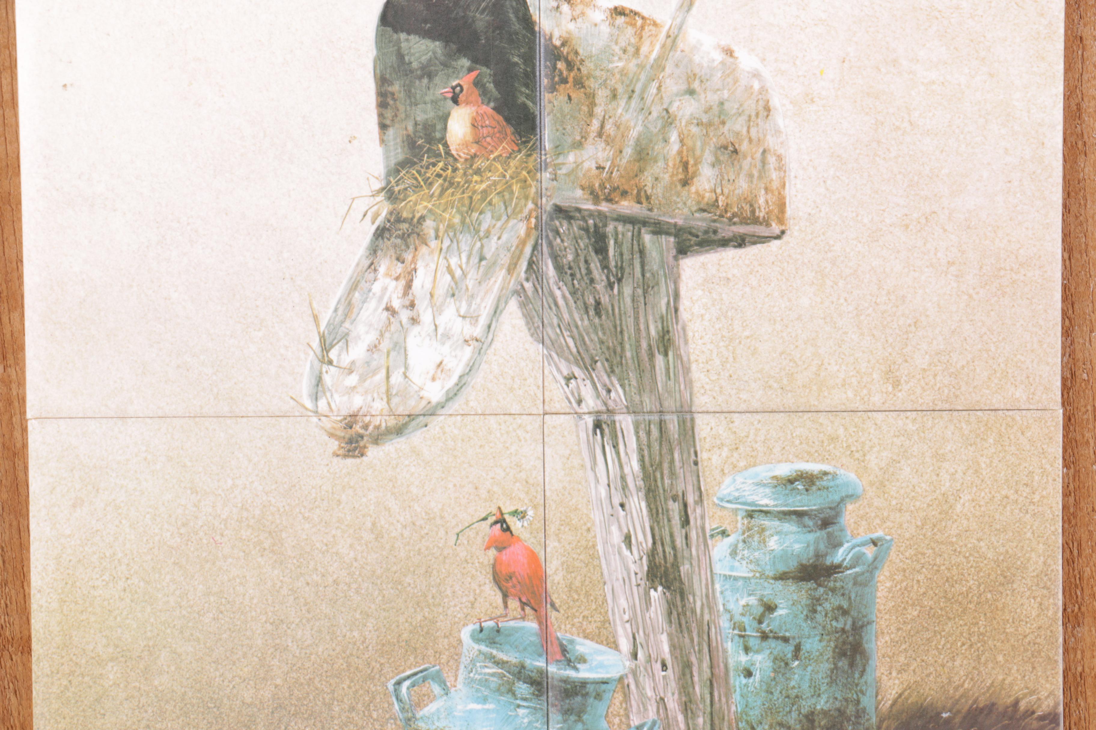 Reproduction Print on Ceramic Tile of Birds in a Mail Box