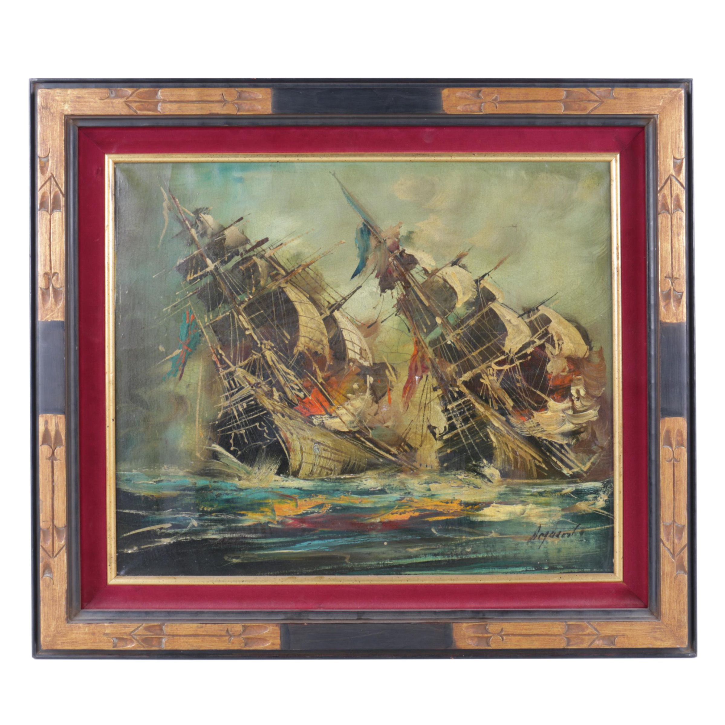 Acquanl Oil Painting of Battling Ships