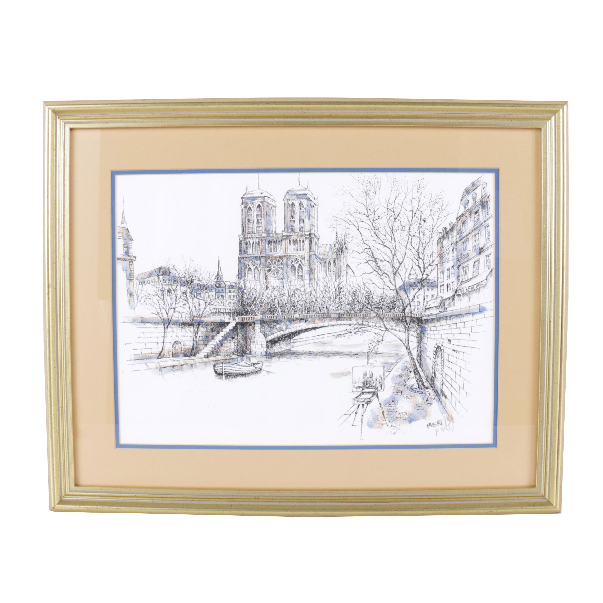 Mert Hand-Colored Reproduction Print of Parisian Scene