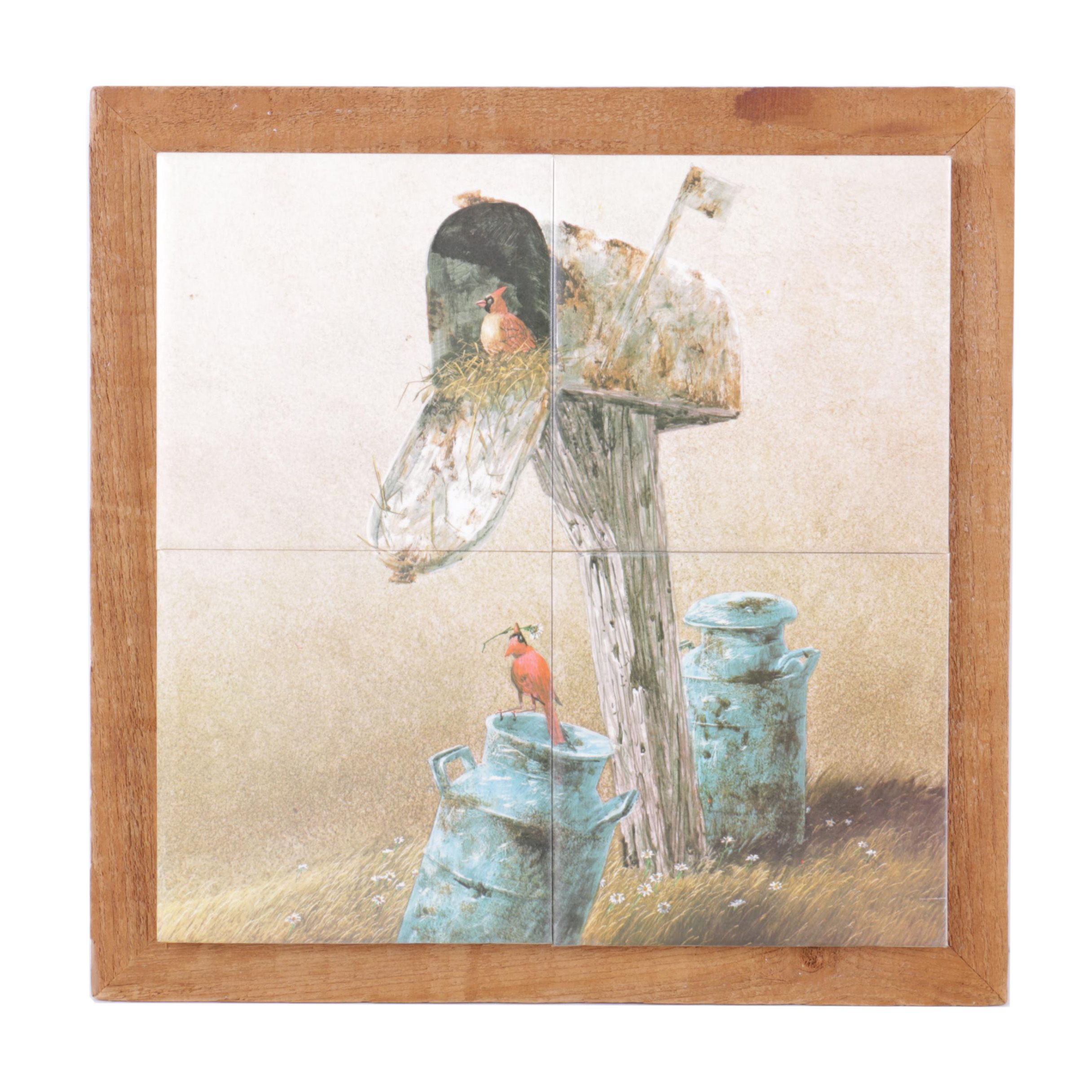 Reproduction Print on Ceramic Tile of Birds in a Mail Box