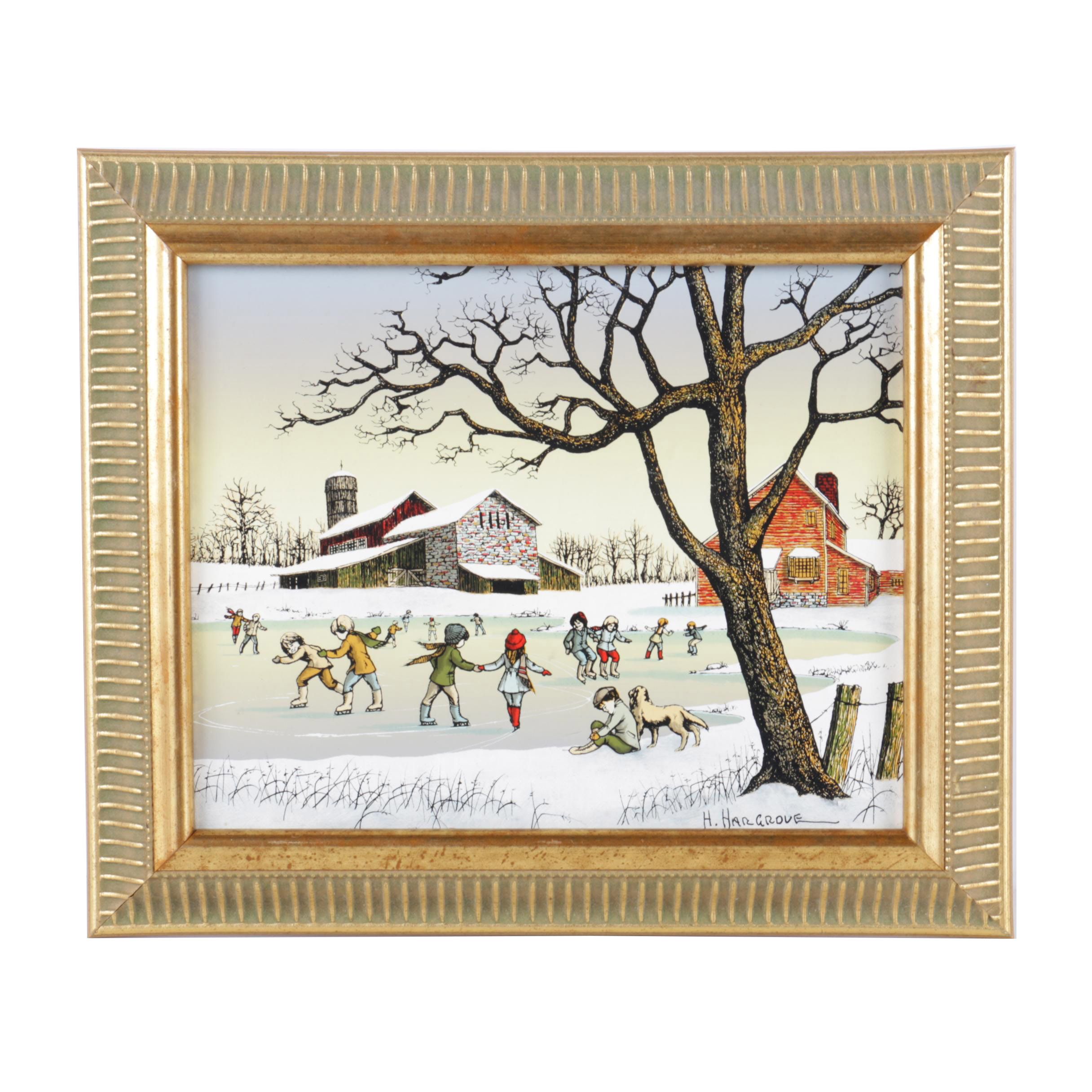 H. Hargrove Serigraph on Canvas of Winter Scene