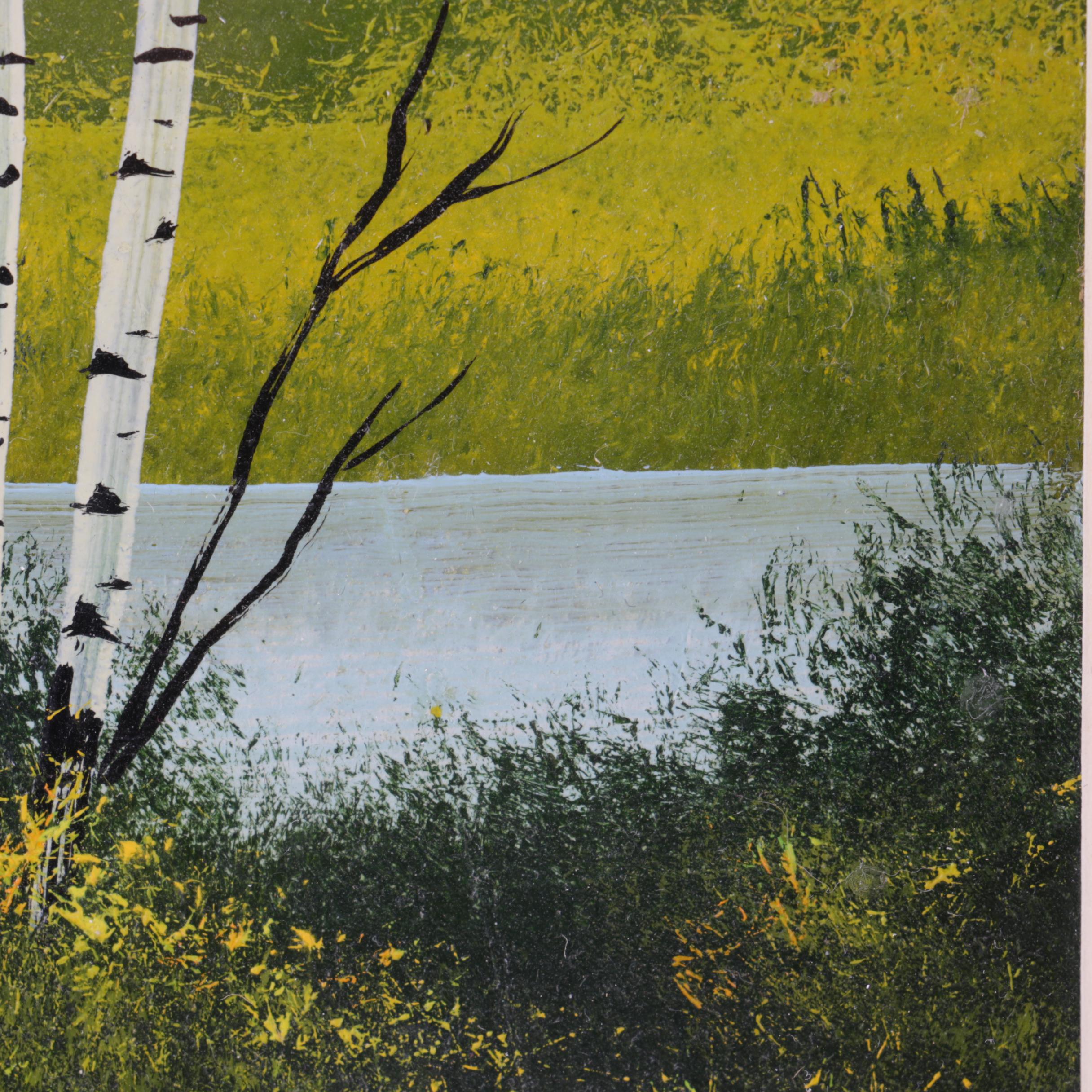 Oil Painting on Panel Landscape with Birch Trees