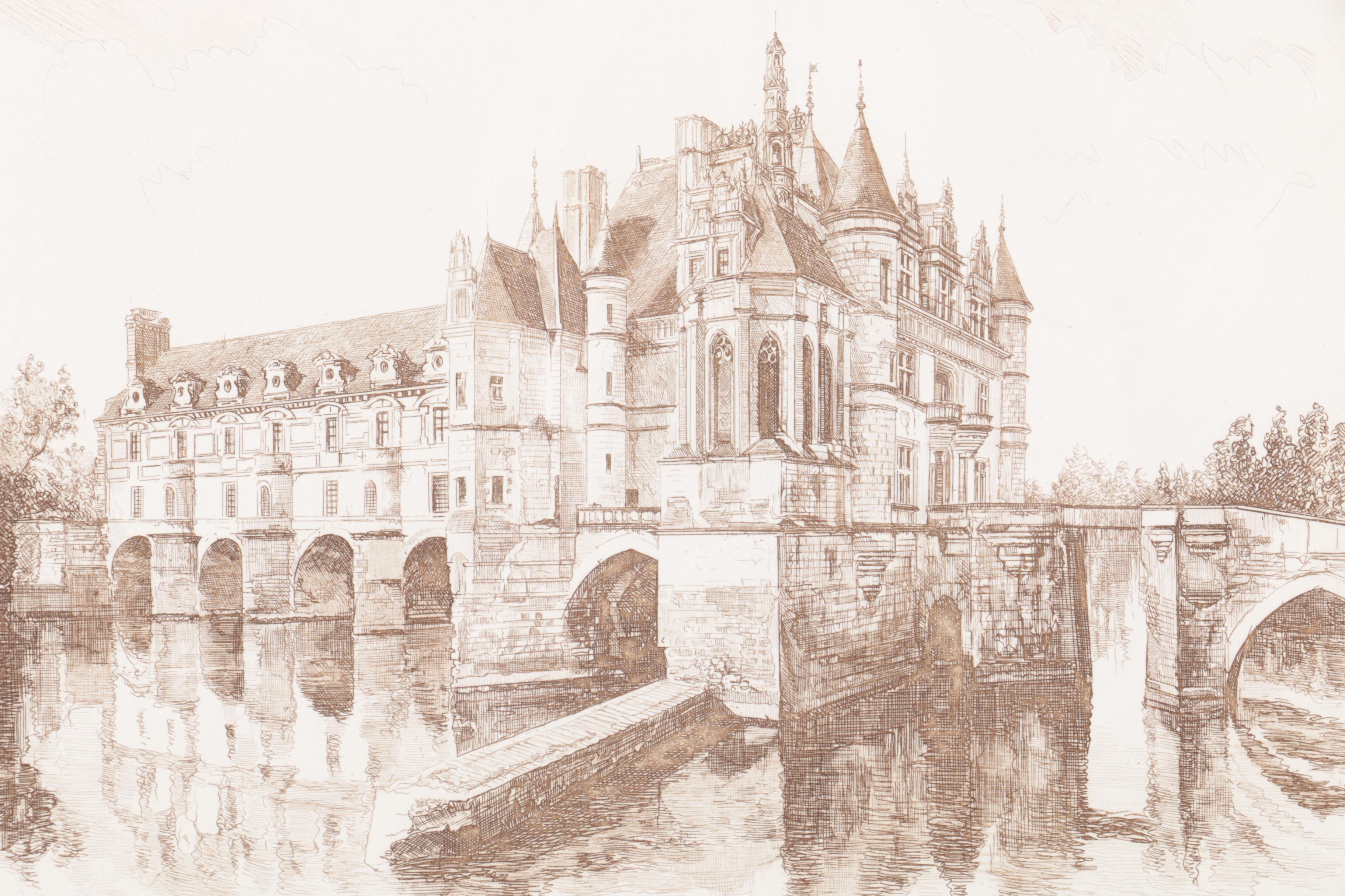 Leopold Robin Engraving of the Château de Chenonceau