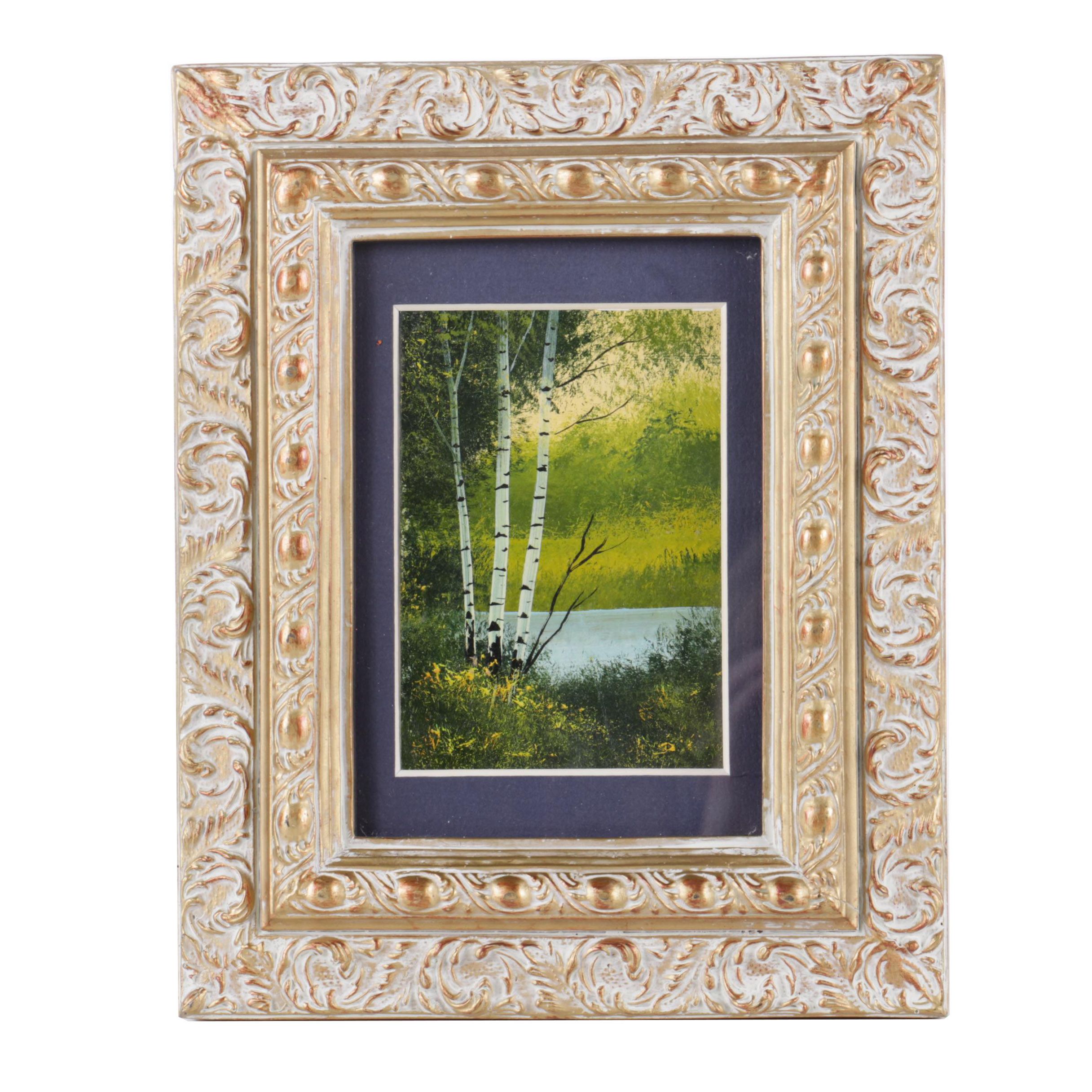 Oil Painting on Panel Landscape with Birch Trees