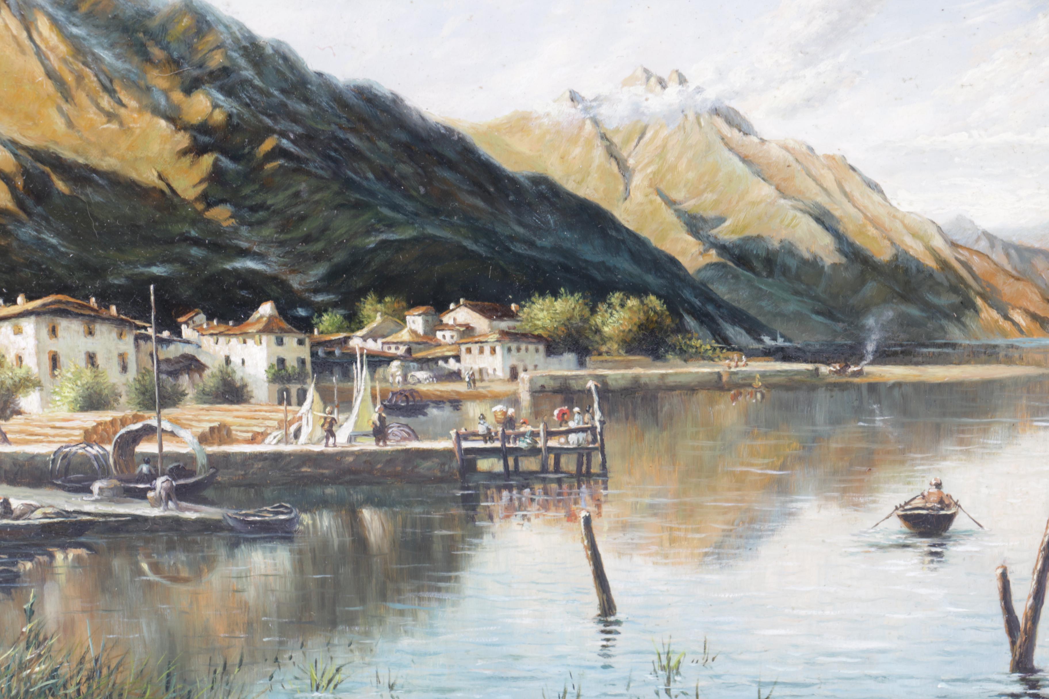 Karl Wagenbauer Oil Painting on Glass of a Lakeside Town