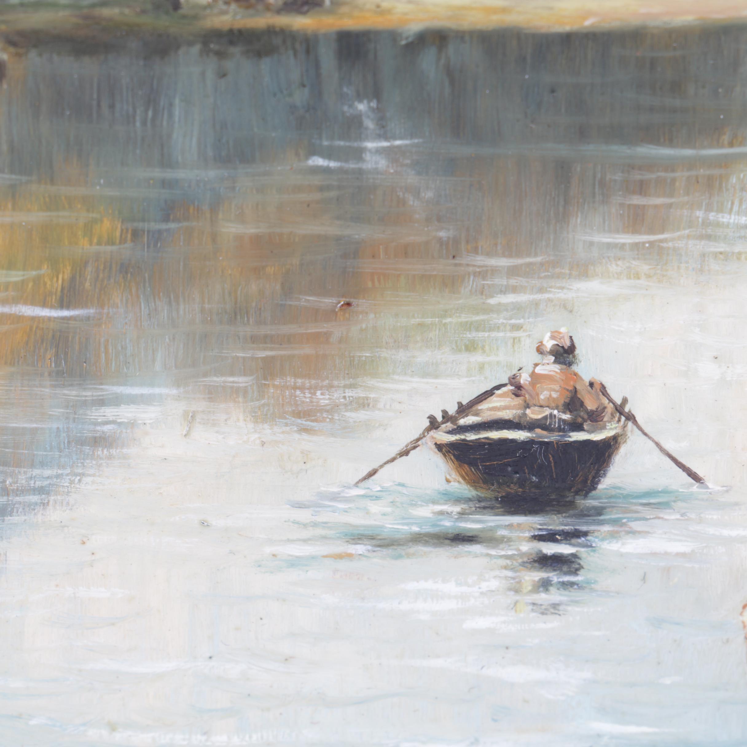 Karl Wagenbauer Oil Painting on Glass of a Lakeside Town