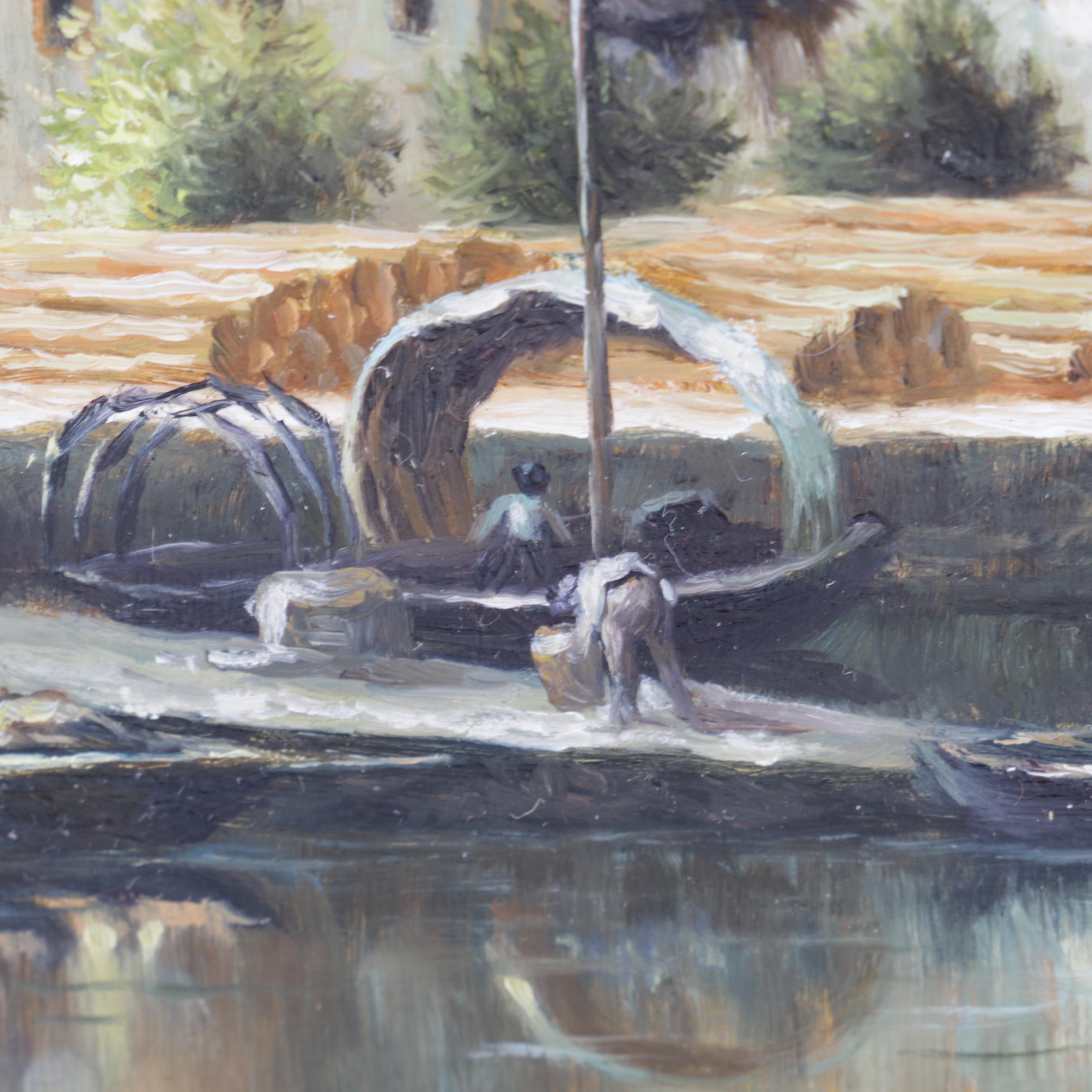 Karl Wagenbauer Oil Painting on Glass of a Lakeside Town