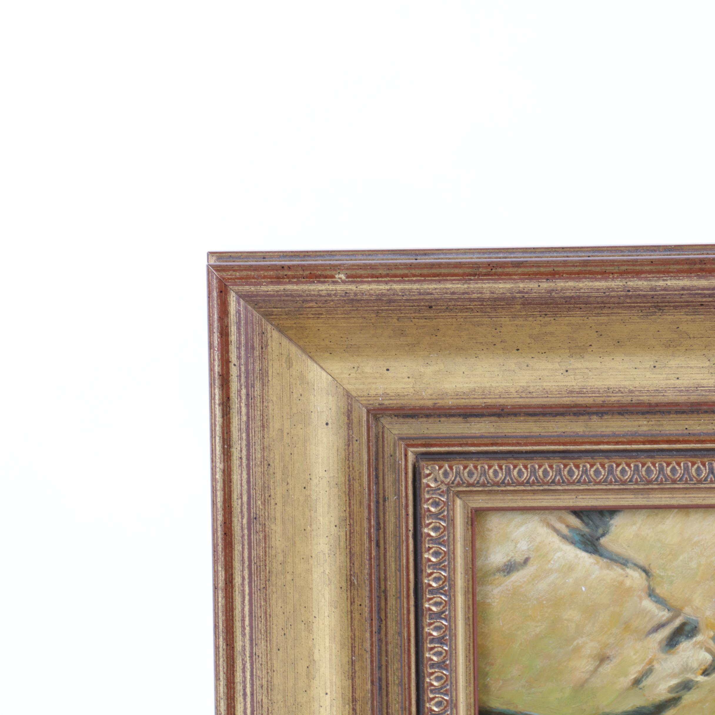 Karl Wagenbauer Oil Painting on Glass of a Lakeside Town