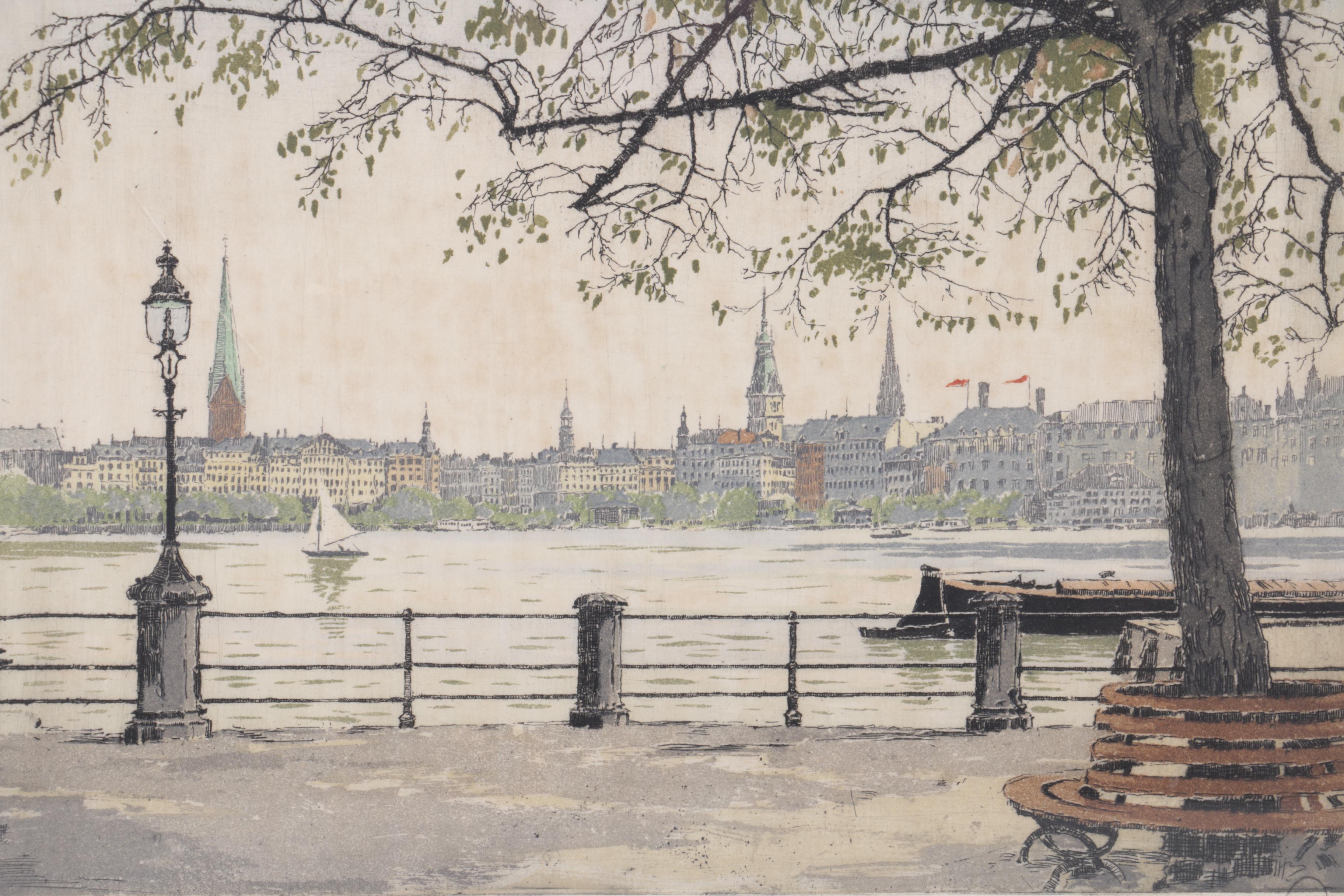 Signed Hand Colored Etching of a European Cityscape