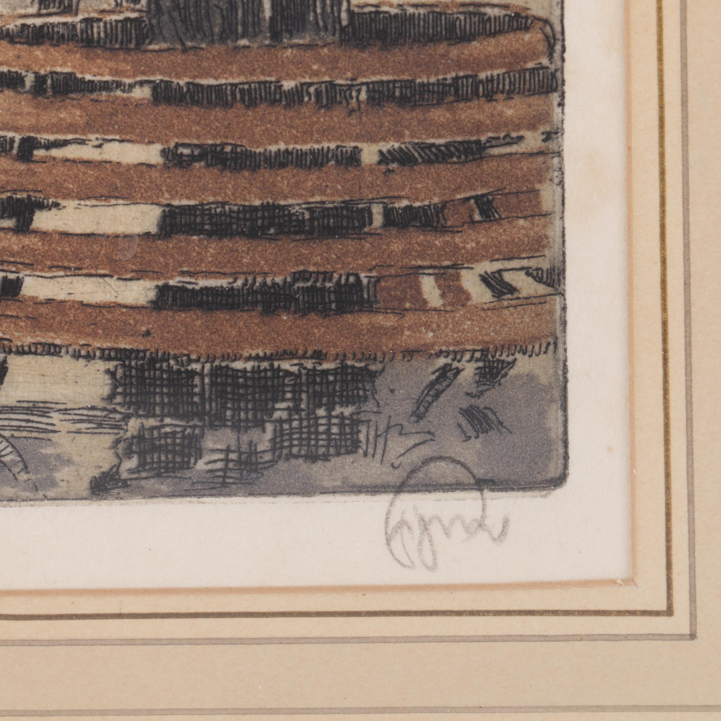 Signed Hand Colored Etching of a European Cityscape