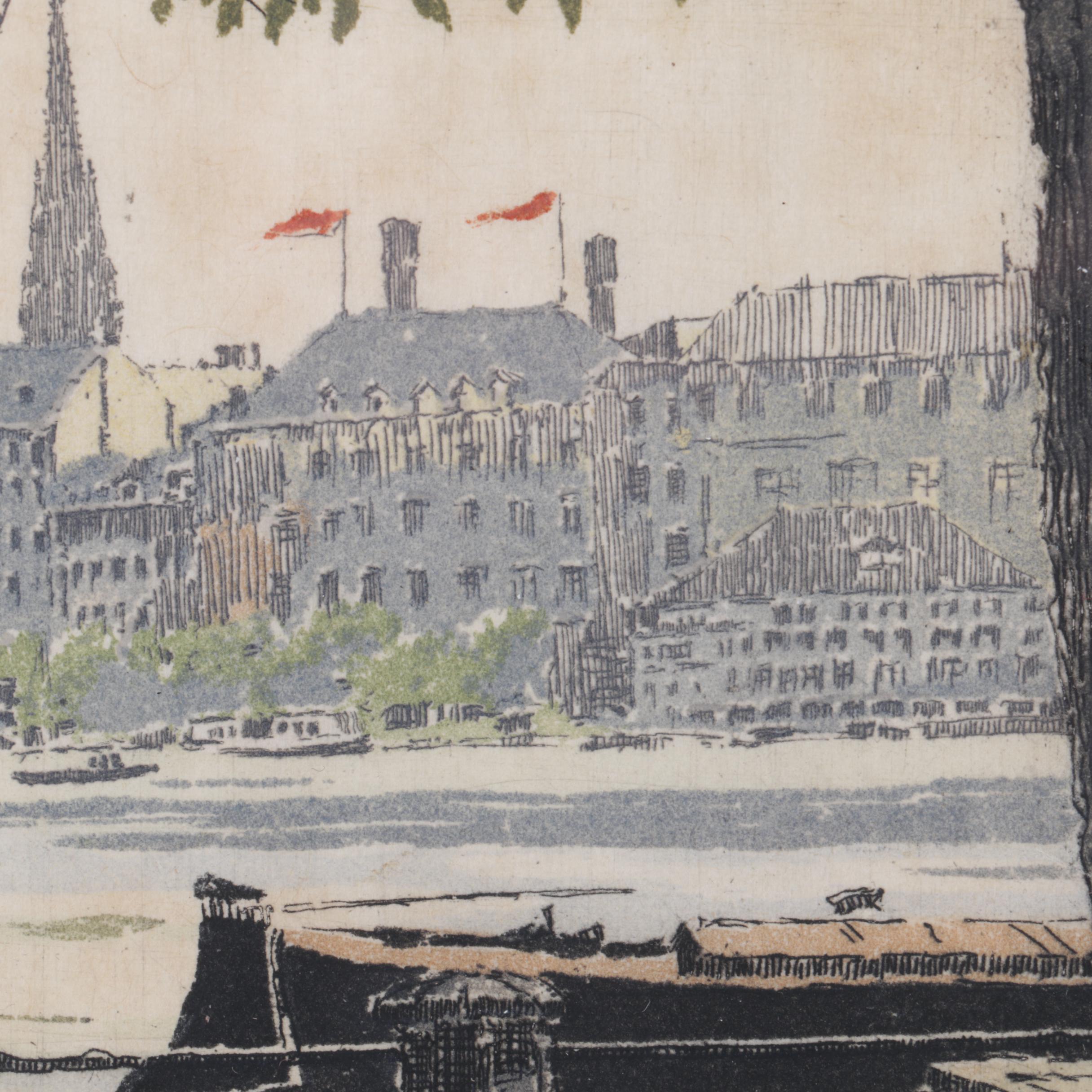 Signed Hand Colored Etching of a European Cityscape