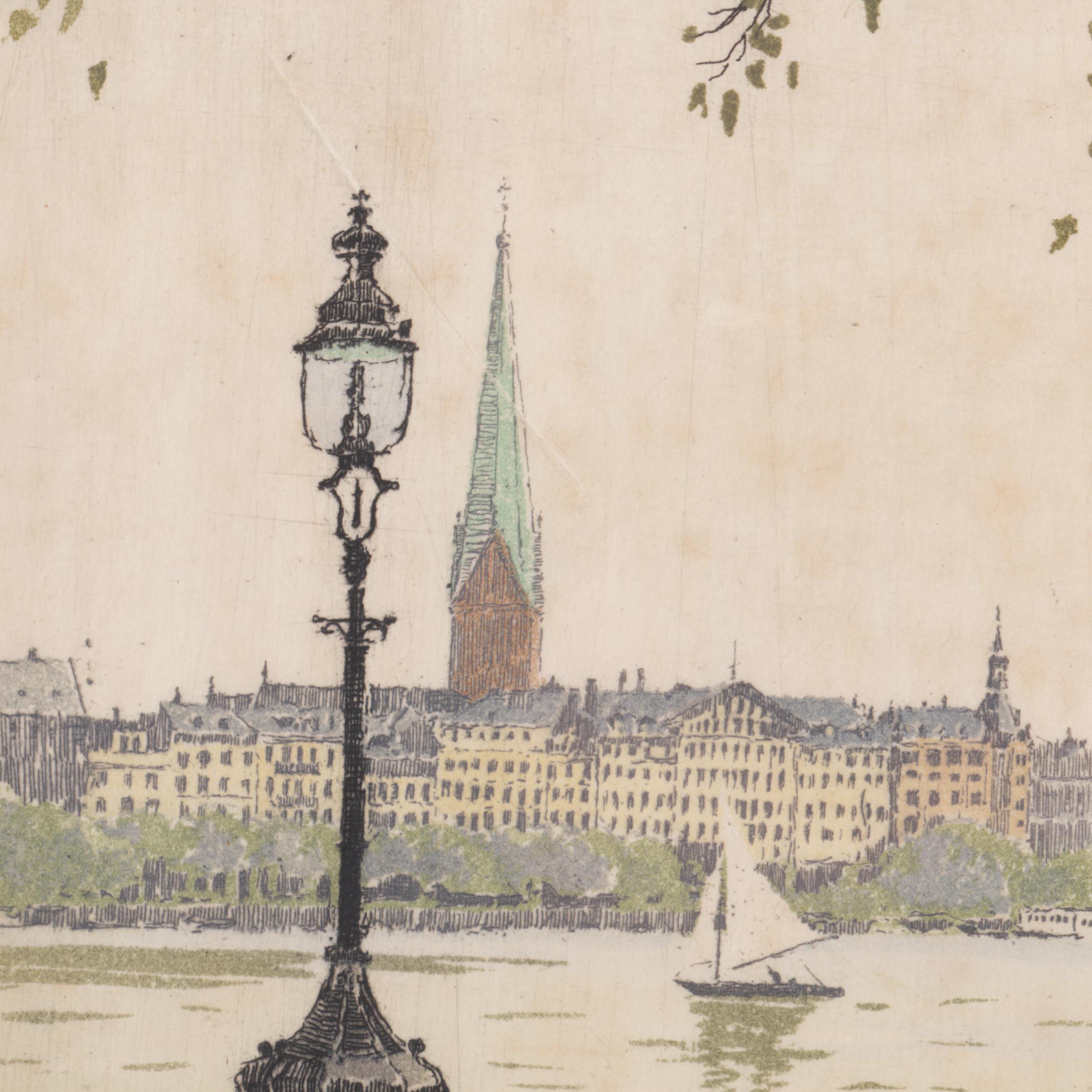 Signed Hand Colored Etching of a European Cityscape