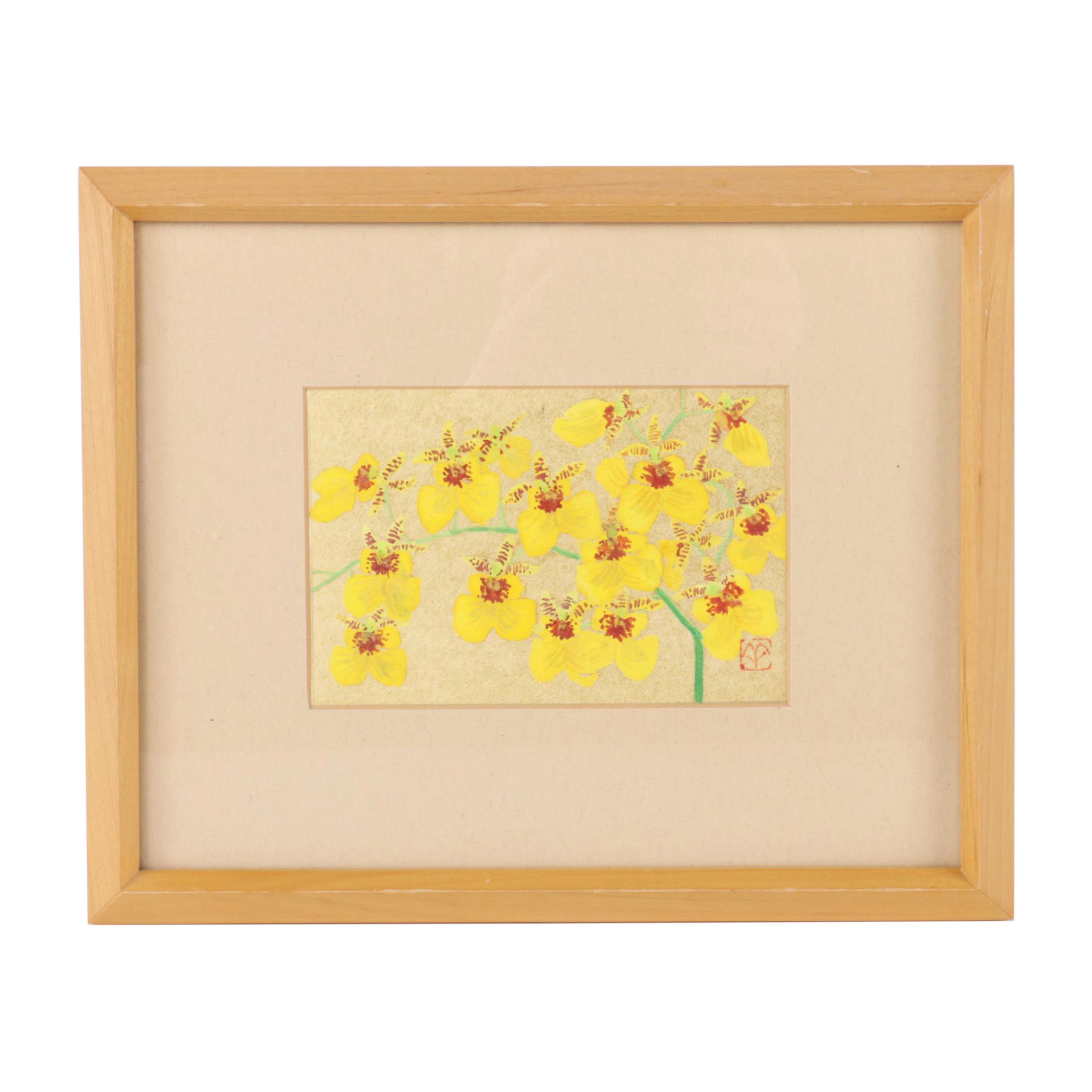 Gouache Painting of Dancing-lady Orchids on Gold Tone Paper