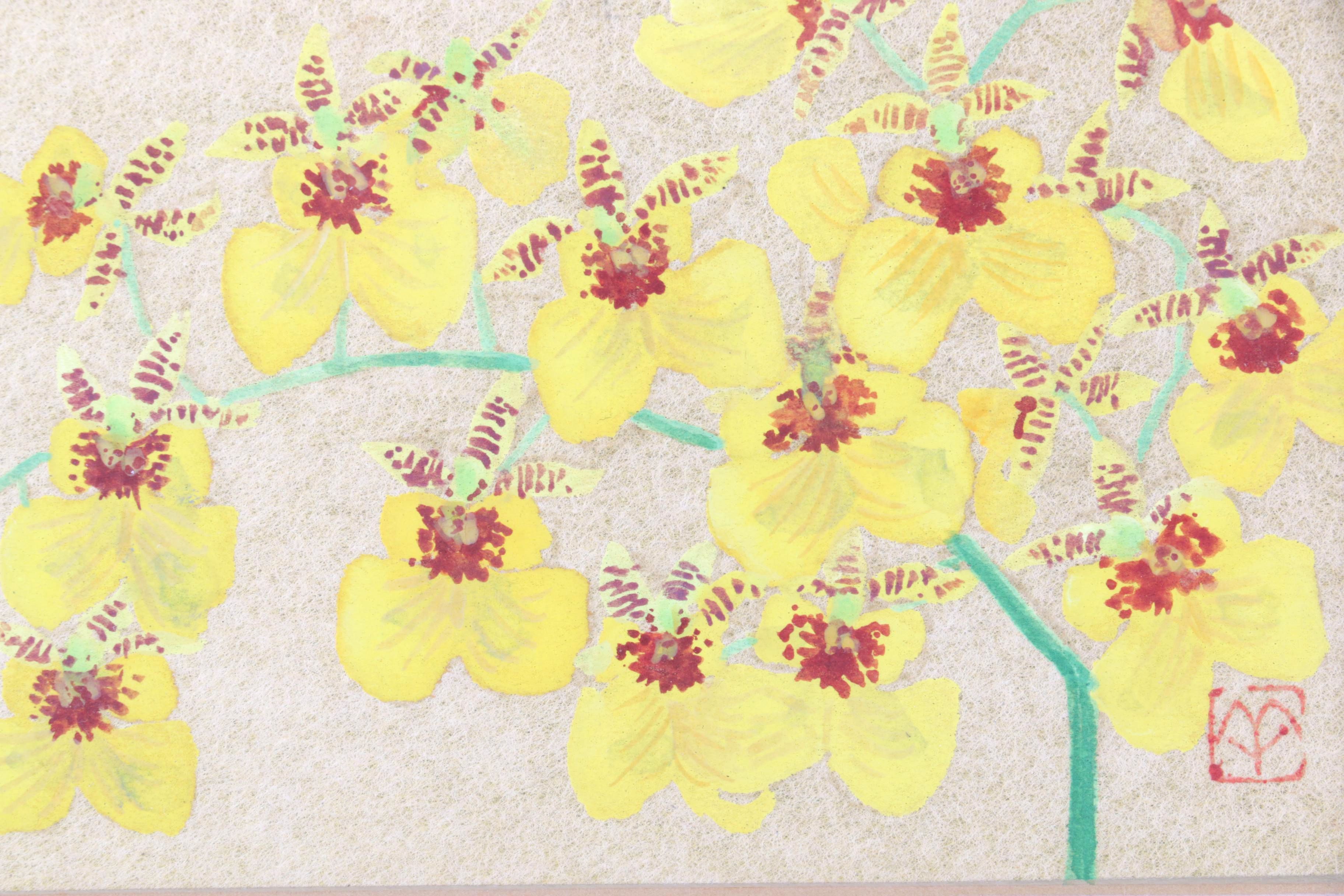 Gouache Painting of Dancing-lady Orchids on Gold Tone Paper