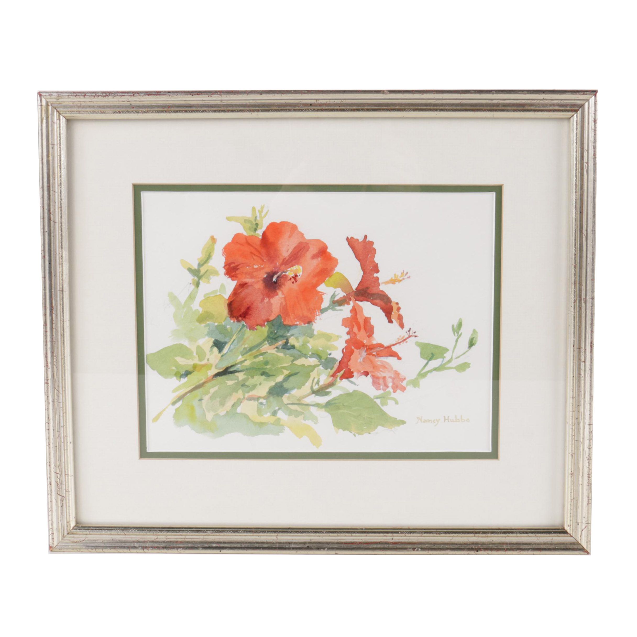 Nancy Hubbe Watercolor on Paper of Hibiscus Flowers