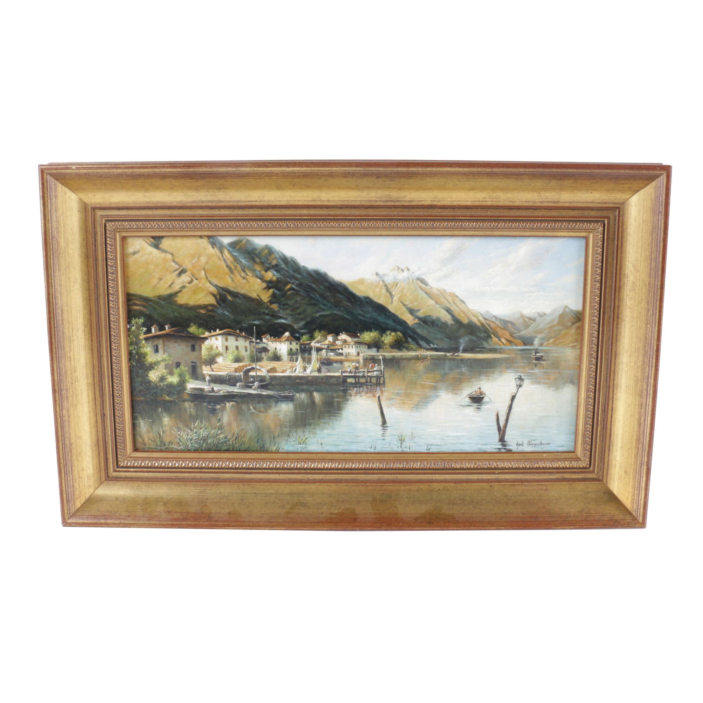Karl Wagenbauer Oil Painting on Glass of a Lakeside Town