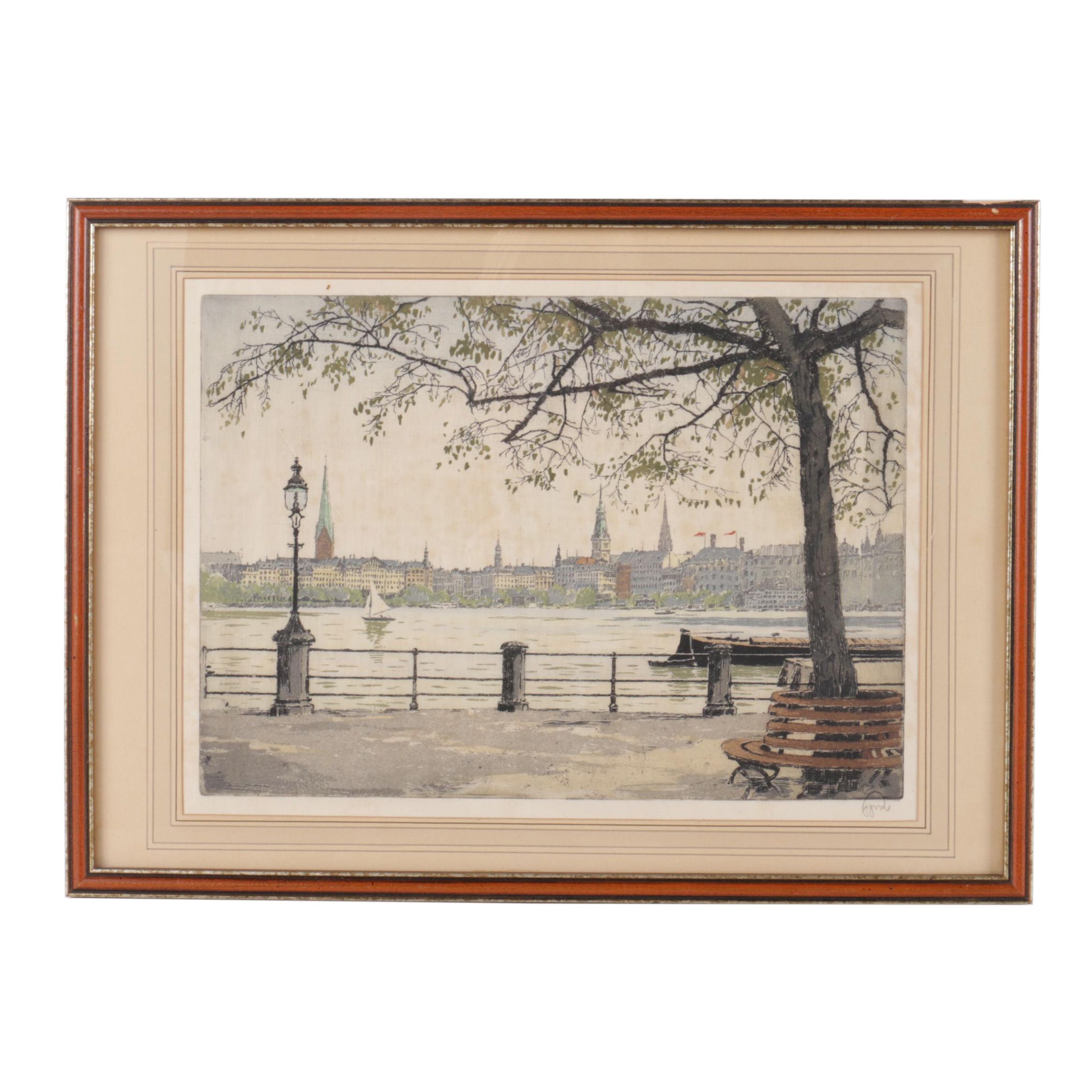 Signed Hand Colored Etching of a European Cityscape