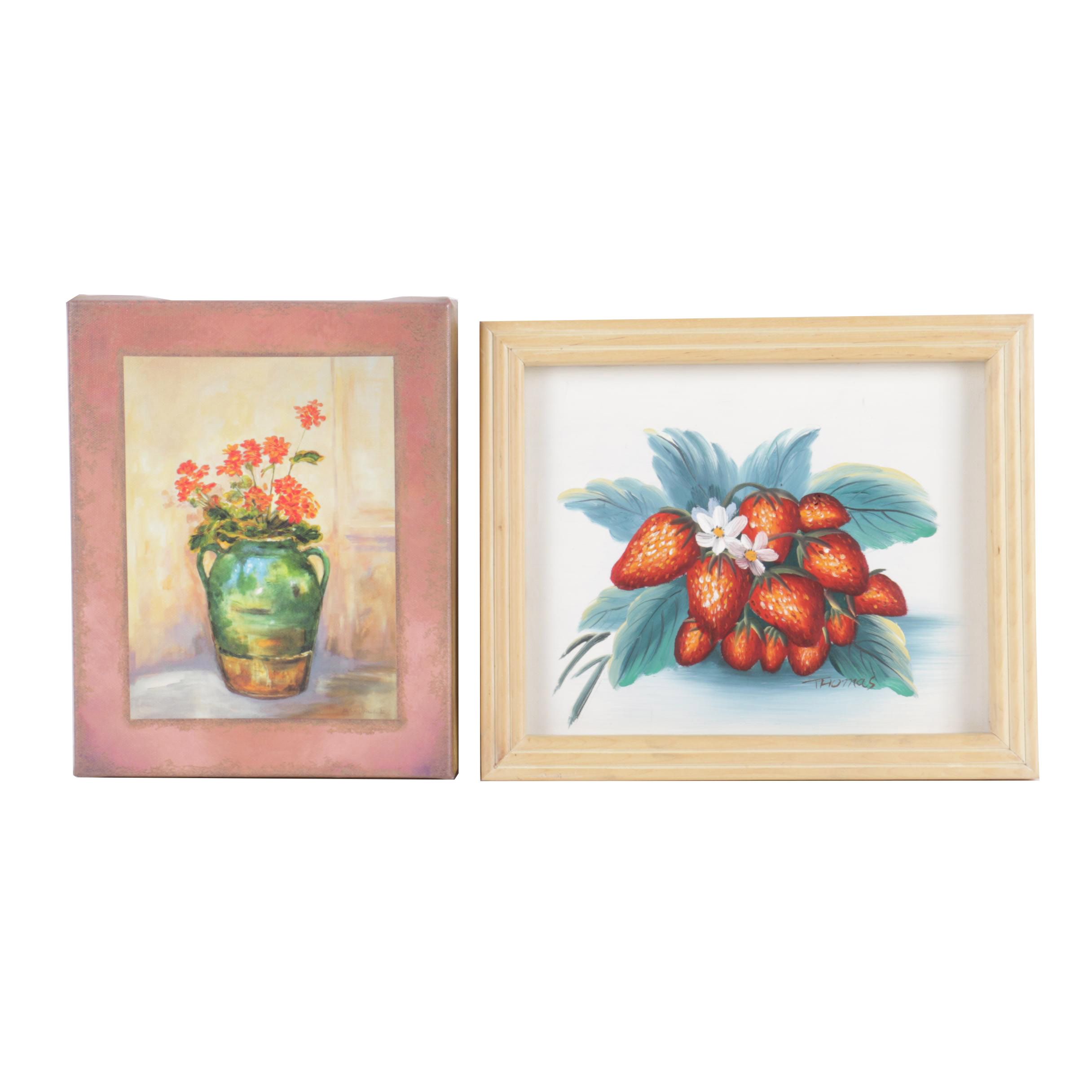 Thomas Oil Painting of Strawberries with a Reproduction Print of Geraniums