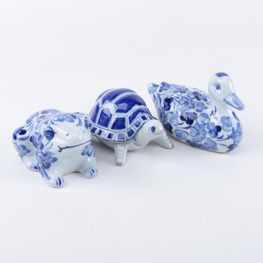 Three Blue and White Ceramic Animal Figures