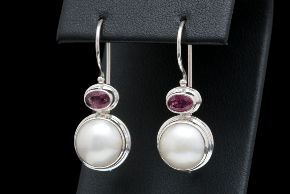 Sterling Silver, Mabé Pearl and Pink Tourmaline Drop Earrings