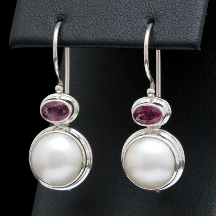 Sterling Silver, Mabé Pearl and Pink Tourmaline Drop Earrings