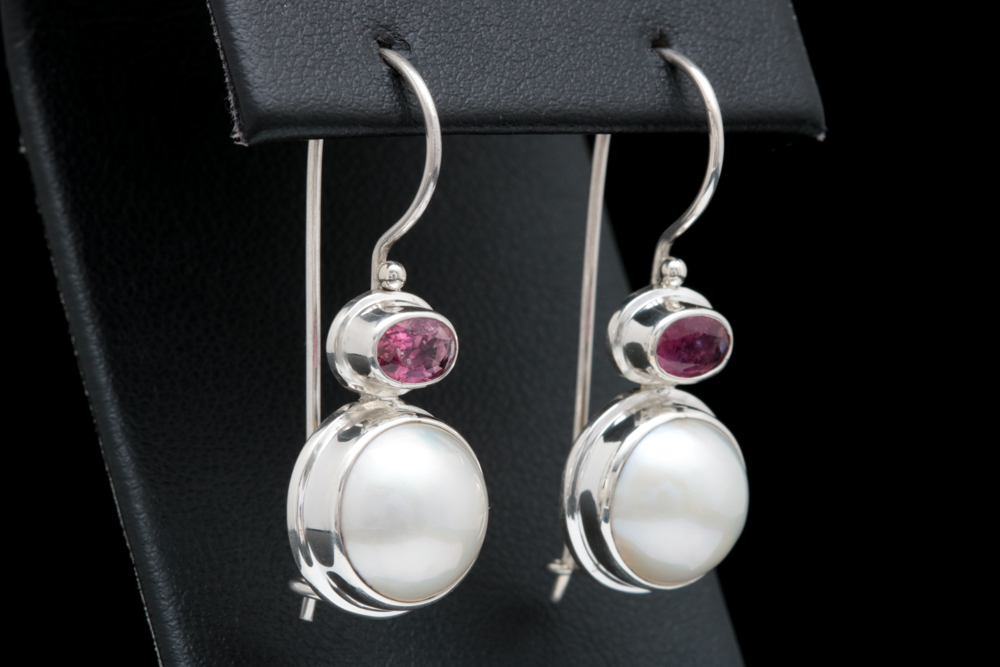 Sterling Silver, Mabé Pearl and Pink Tourmaline Drop Earrings