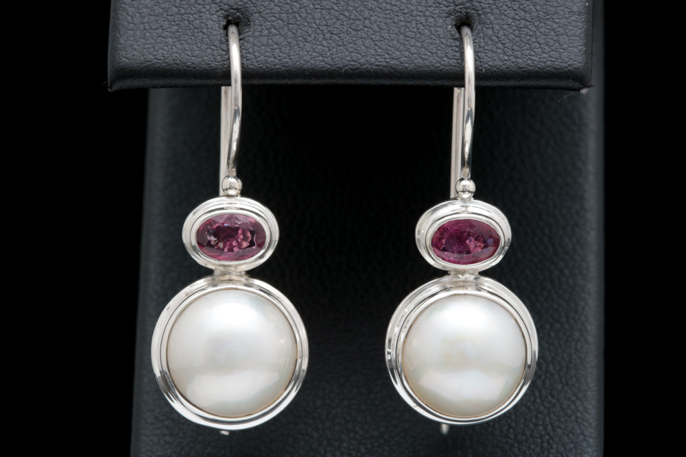 Sterling Silver, Mabé Pearl and Pink Tourmaline Drop Earrings