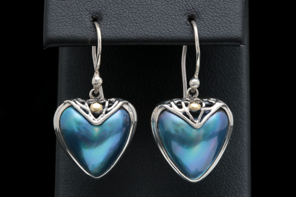 Robert Manse Sterling Silver, 18K Gold and Blue Mother Of Pearl Heart Earrings