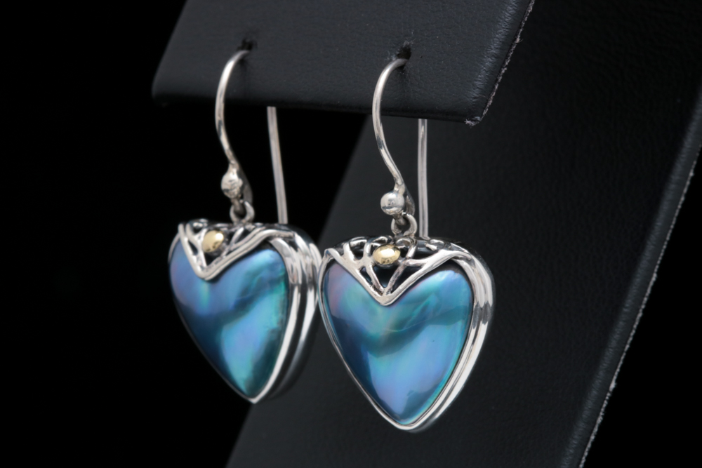 Robert Manse Sterling Silver, 18K Gold and Blue Mother Of Pearl Heart Earrings
