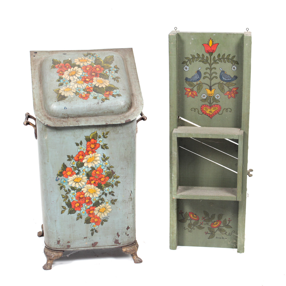 Vintage Tole Painted Ash Bin and Slaw Cutter