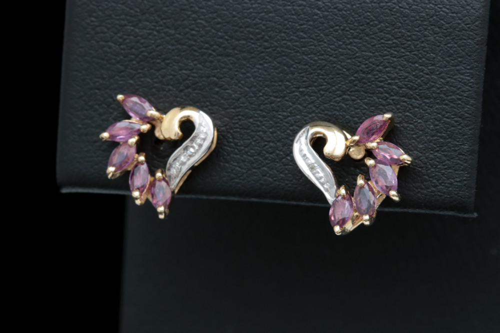 10K Yellow Gold, Ruby and Diamond Heart Earrings