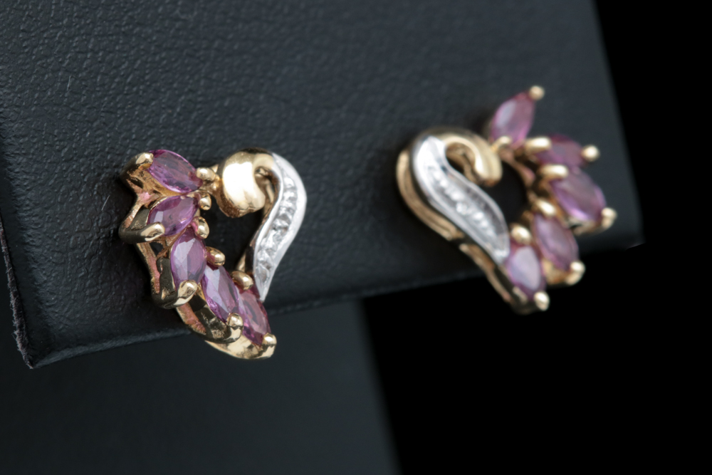 10K Yellow Gold, Ruby and Diamond Heart Earrings