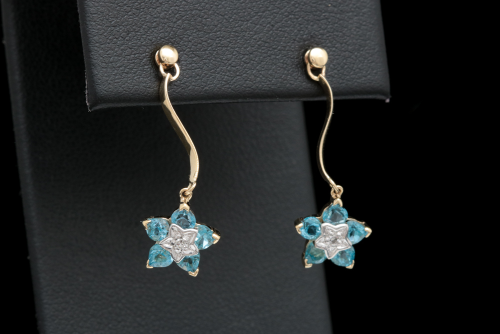 10K Yellow Gold, Blue Topaz and Diamond Dangle Earrings