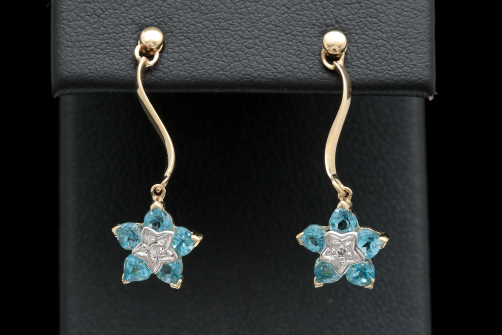 10K Yellow Gold, Blue Topaz and Diamond Dangle Earrings
