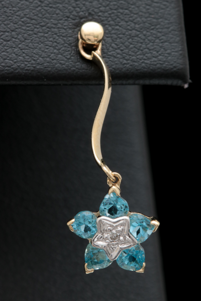 10K Yellow Gold, Blue Topaz and Diamond Dangle Earrings