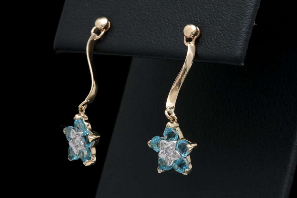 10K Yellow Gold, Blue Topaz and Diamond Dangle Earrings