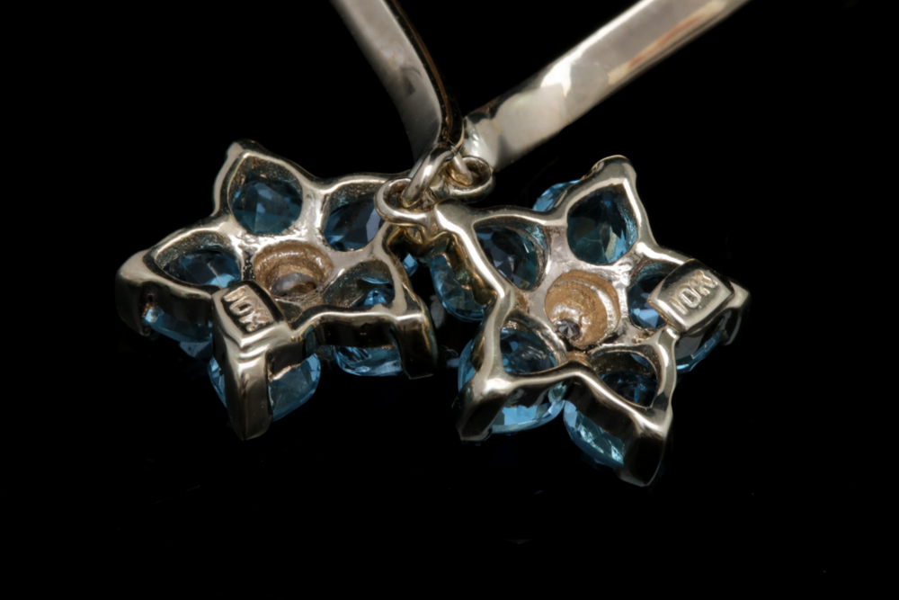 10K Yellow Gold, Blue Topaz and Diamond Dangle Earrings