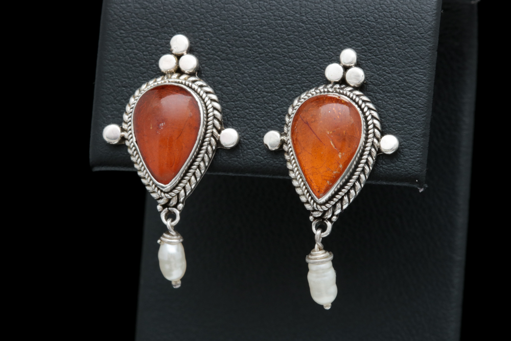 Sterling Silver, Amber and Freshwater Pearl Earrings
